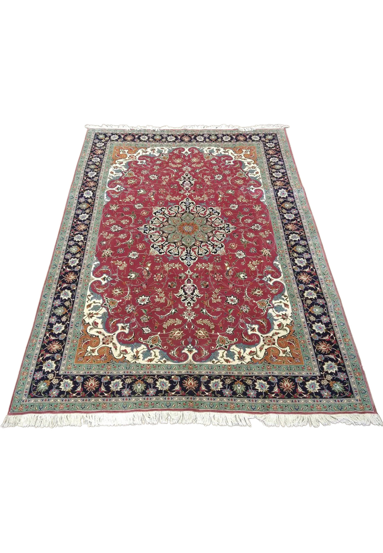 Full laid view of 6'9 x 9'10 Persian Tabriz 60 raj wool and silk rug, master workshop hand-knotted 500 KPSI piece