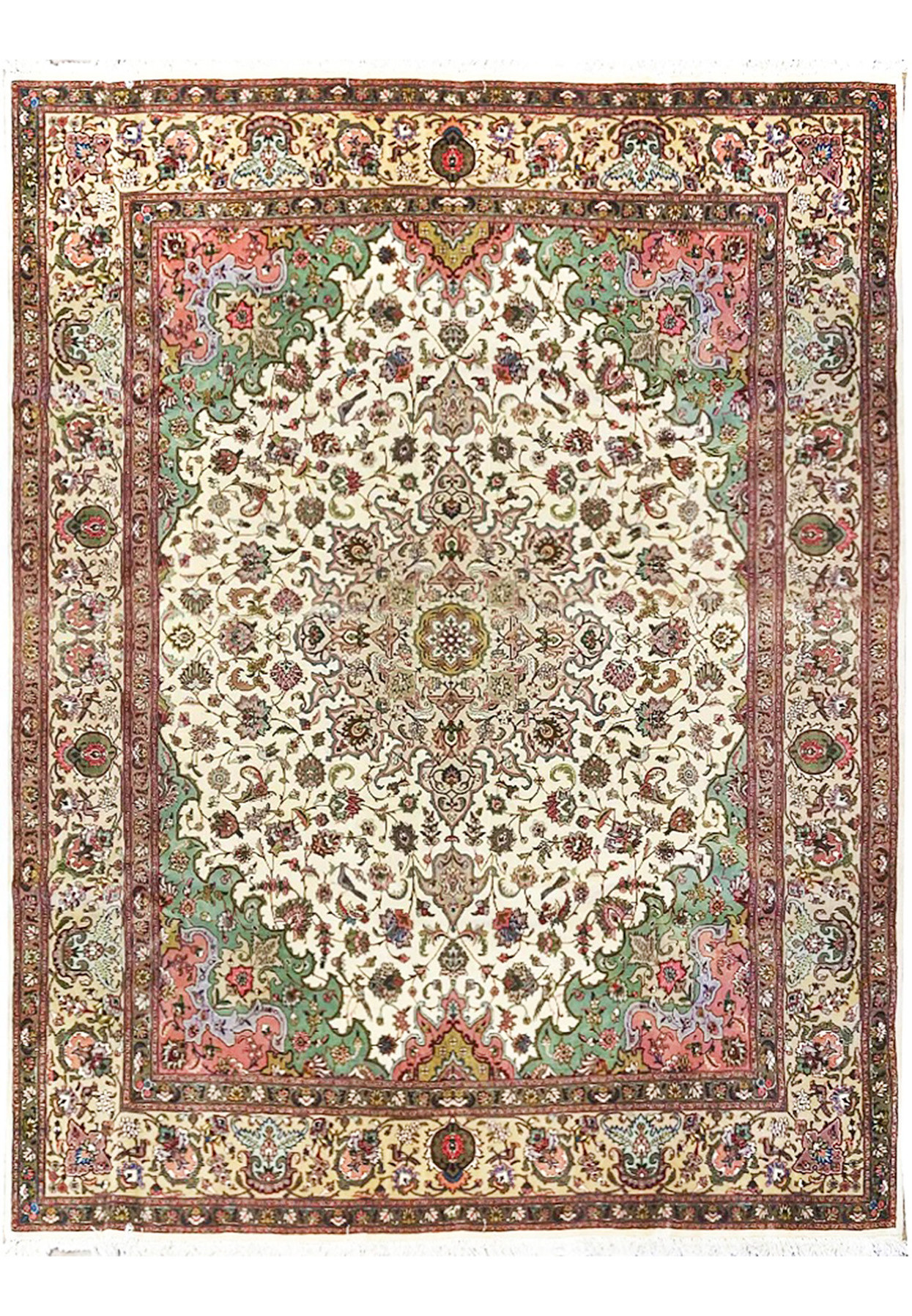 8 x 9'4 Persian Tabriz 50 raj rug, wool and silk on cotton with ivory field and mint green corner spandrels
