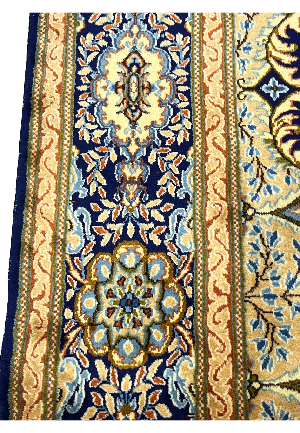 Closeup of Persian Yazd ivory cartouche border, tree of life branch motifs on tan ground with rust guard band