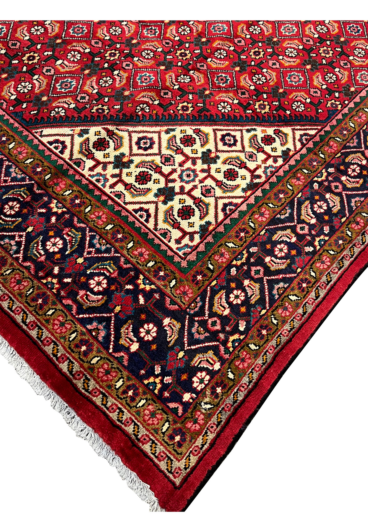 9x13 Persian Mahal corner where the red Herati field meets an ivory spandrel and navy palmette border
