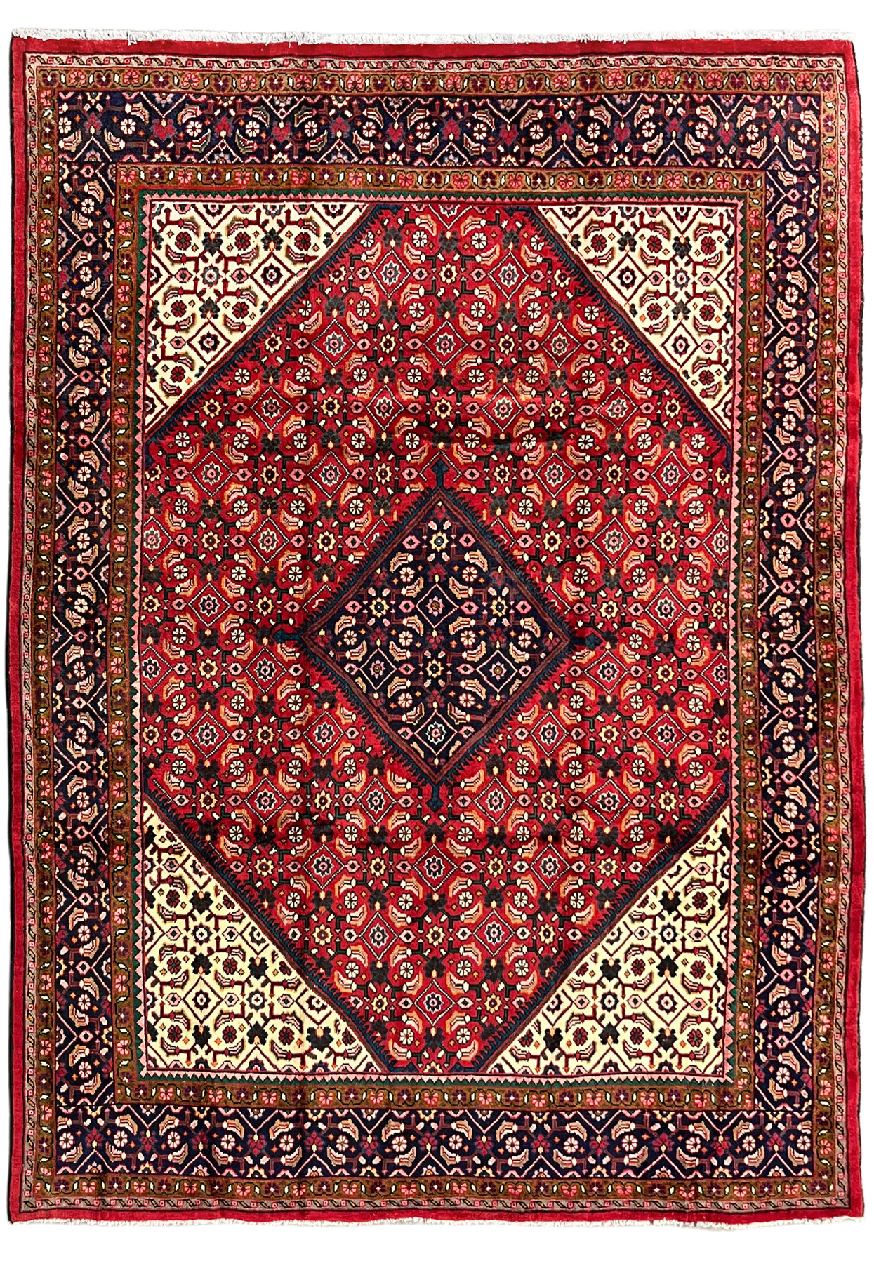 9x13 Persian Mahal rug shown flat, red field with navy diamond medallion and ivory corner spandrels