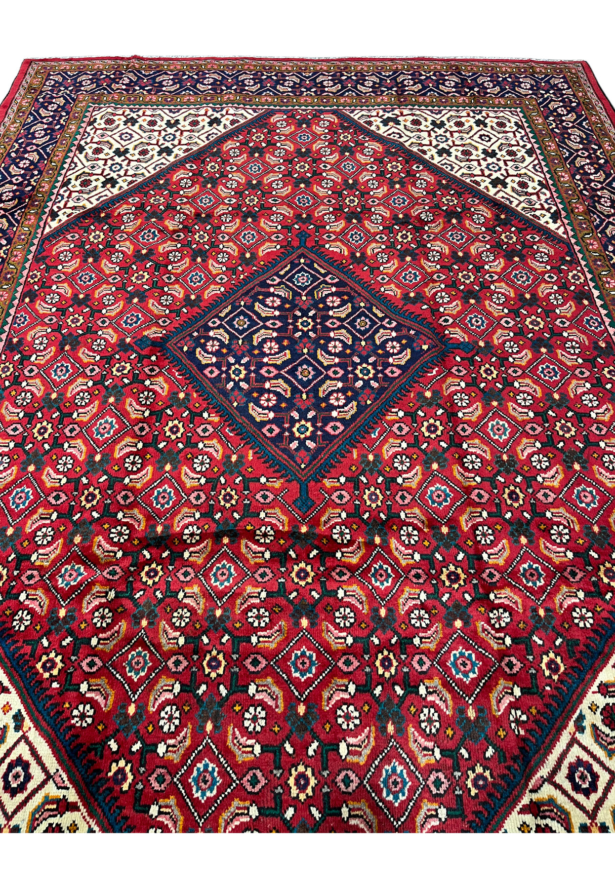 9x13 Mahal rug seen from above showing the navy medallion, ivory spandrels and floral red ground