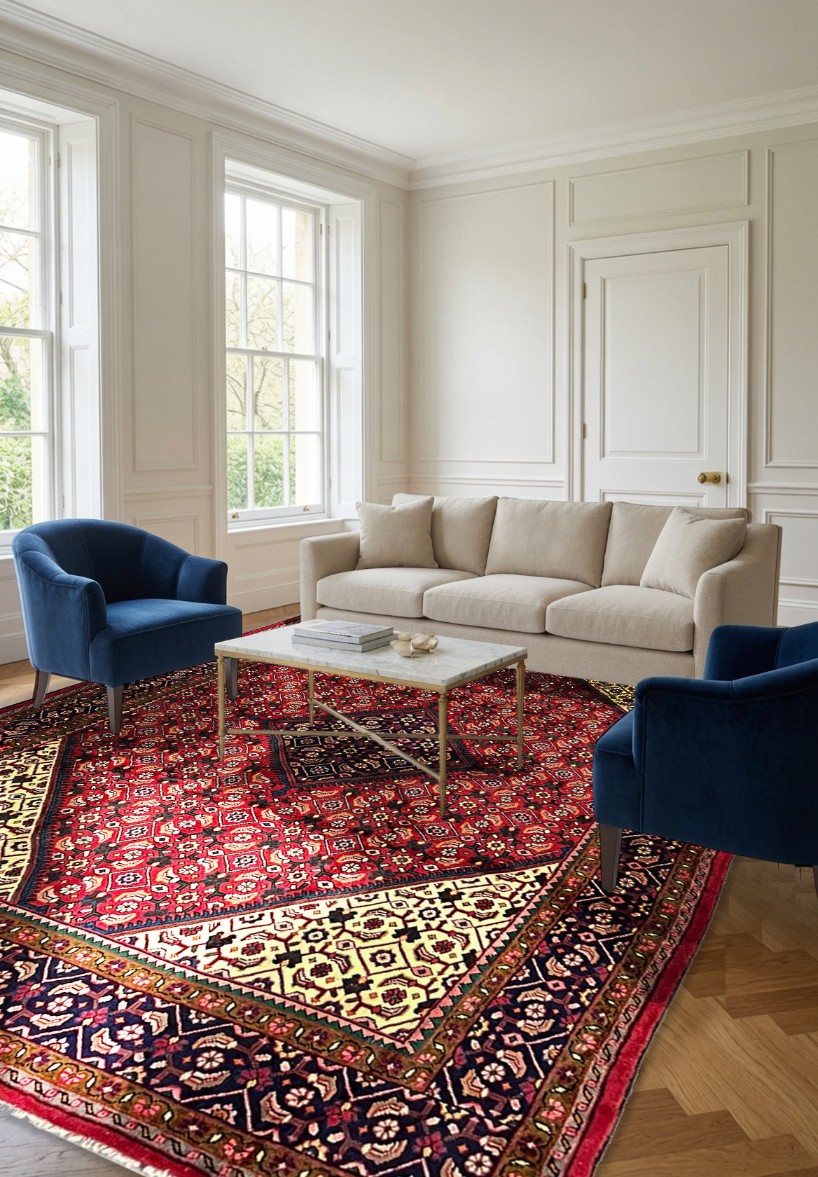 9'5" x 13'2" Persian Mahal Rug | Herati Field with Navy Diamond Medallion
