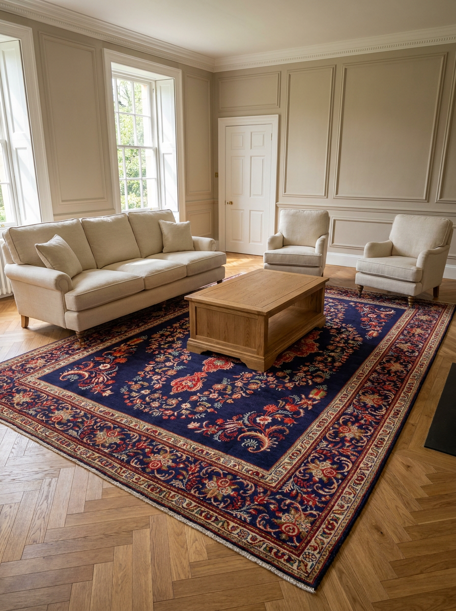 10 x 13 Persian Tabriz Rug | Red Floral Medallion on Navy Field