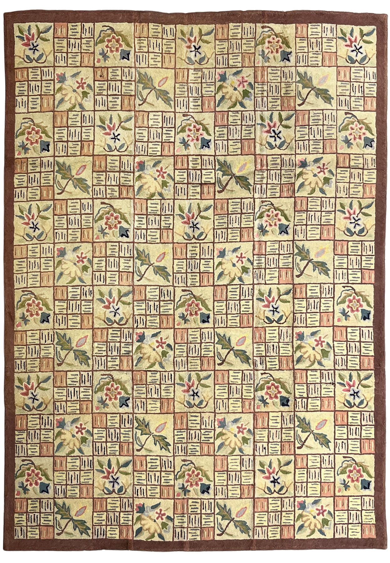 8'11 x 12'2 hand-hooked Oriental rug with patchwork floral tiles and chocolate brown border