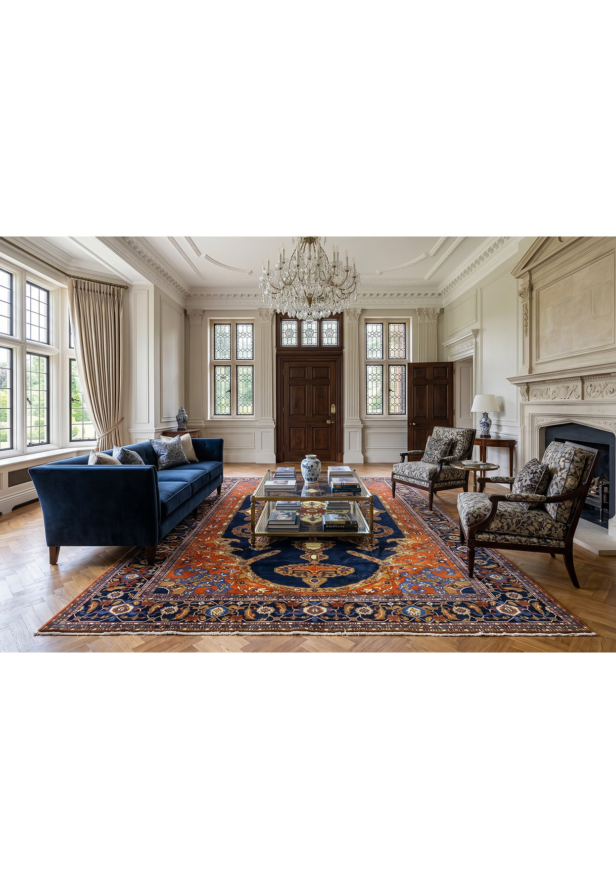 14'2 x 19'2 Persian Heriz Rug | Navy Field Ivory Star Medallion | Oversize Palace Size