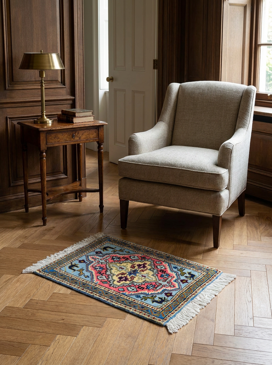 1'3" x 2' Ardebil Persian Rug | Geometric | Powder Blue & Coral