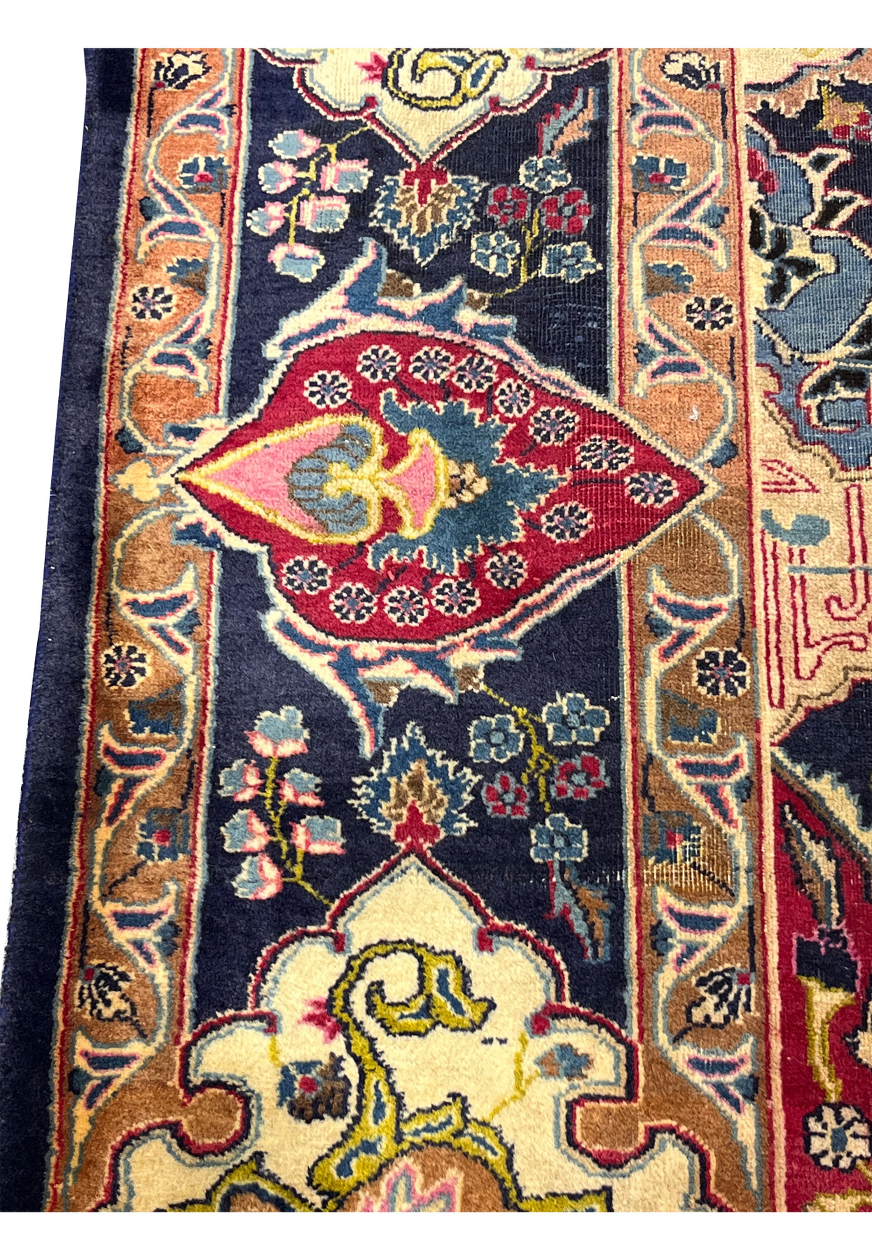 Close-up of the navy main border with a red boteh cartouche on the Kashmar Zirkhaki rug