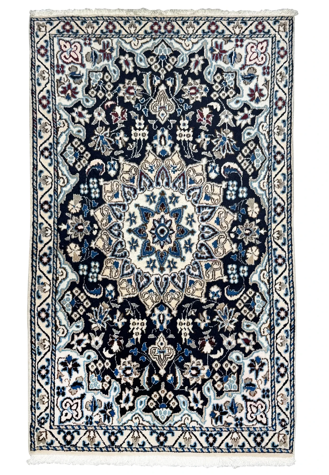 3 x 5 Persian Nain rug with an ivory star medallion on a navy blue field, hand-knotted wool