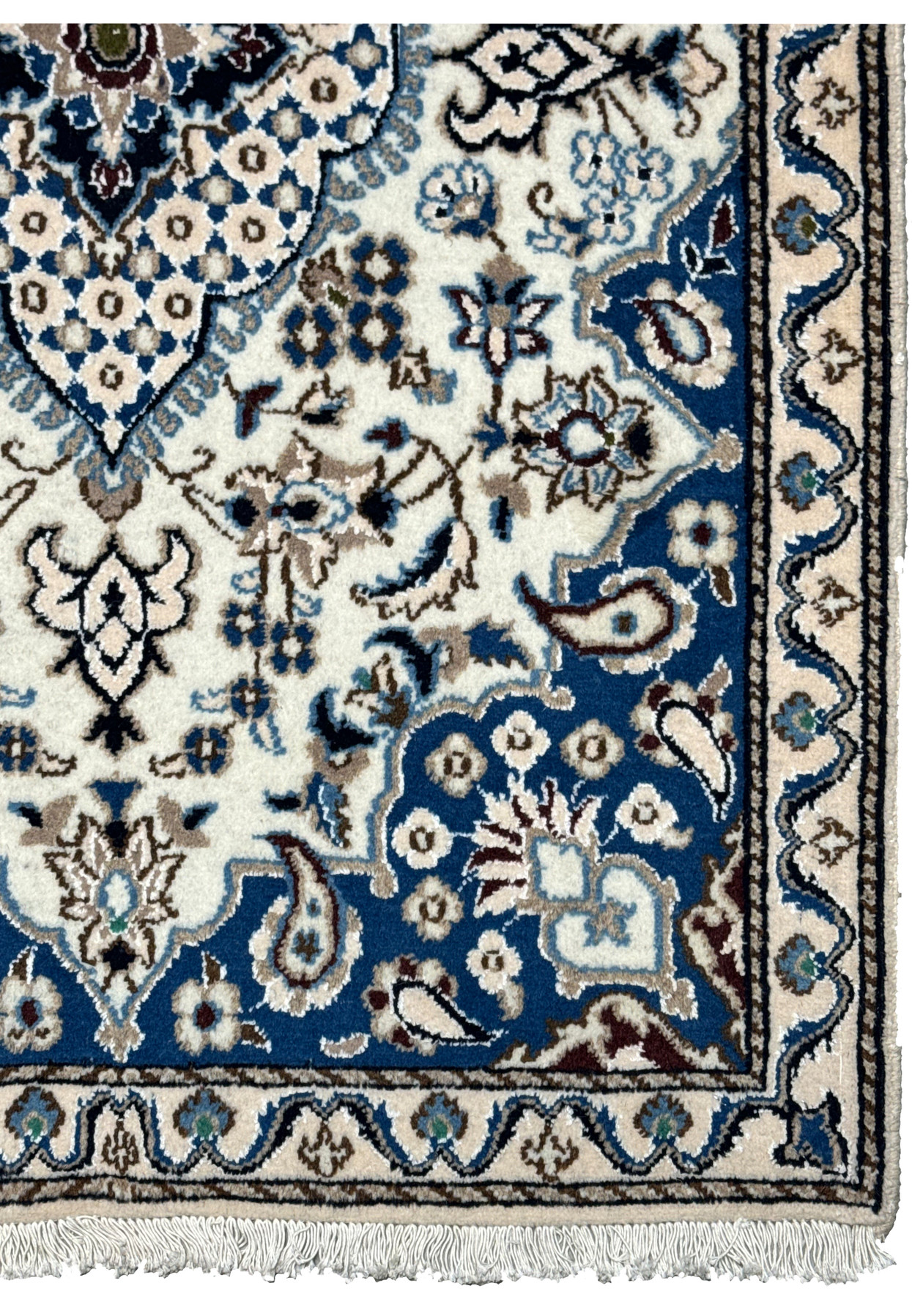 Ivory main border with a flowering vine and blue paisley, authentic handmade Nain craftsmanship
