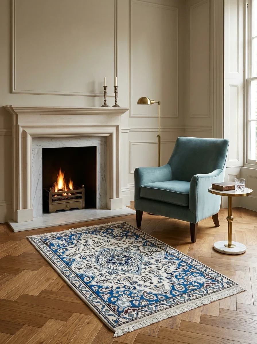 3 x 4'7" Persian Nain Rug | Blue Field Diamond Medallion | Fine Weave