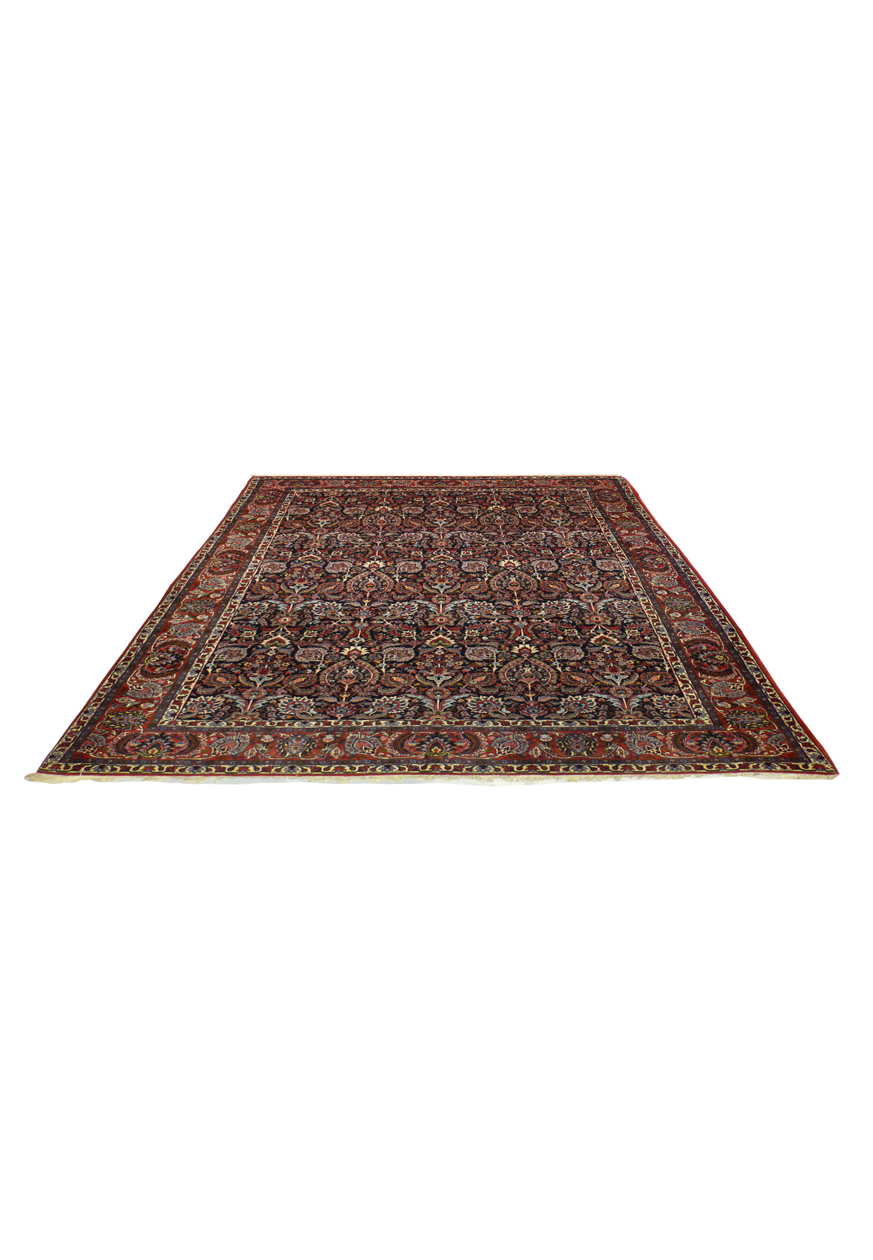 7 x 10 Persian Bijar Halvai rug laid flat showing the navy allover field and red palmette border