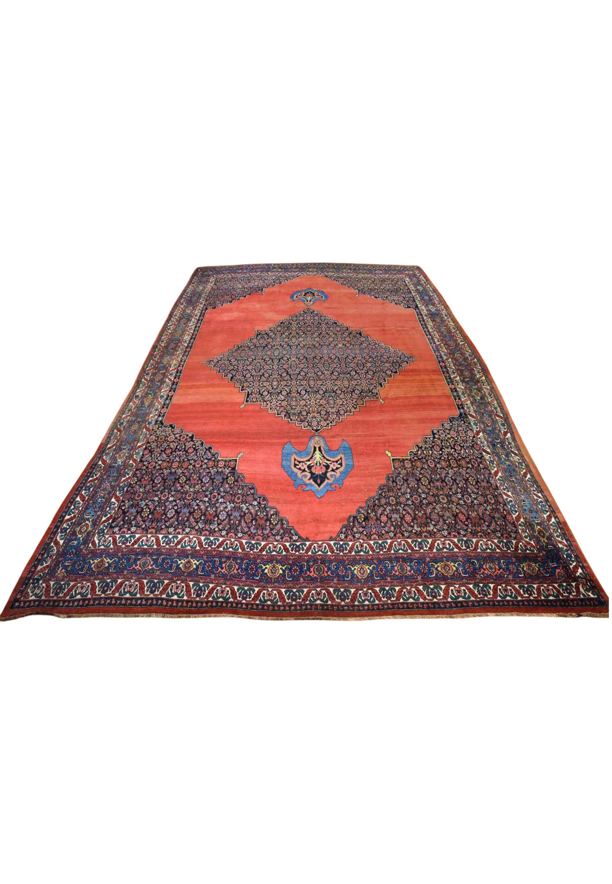 13 x 19 antique Persian Bijar laid flat, open copper-red field inside an ivory and red turtle border