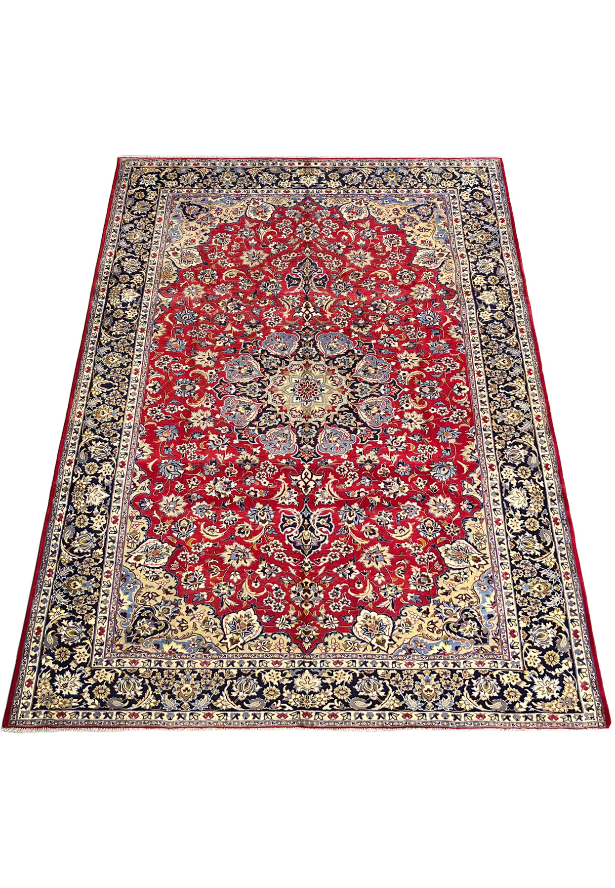 9x13 Persian Najafabad rug with a deep red field, ivory medallion, and navy floral border.