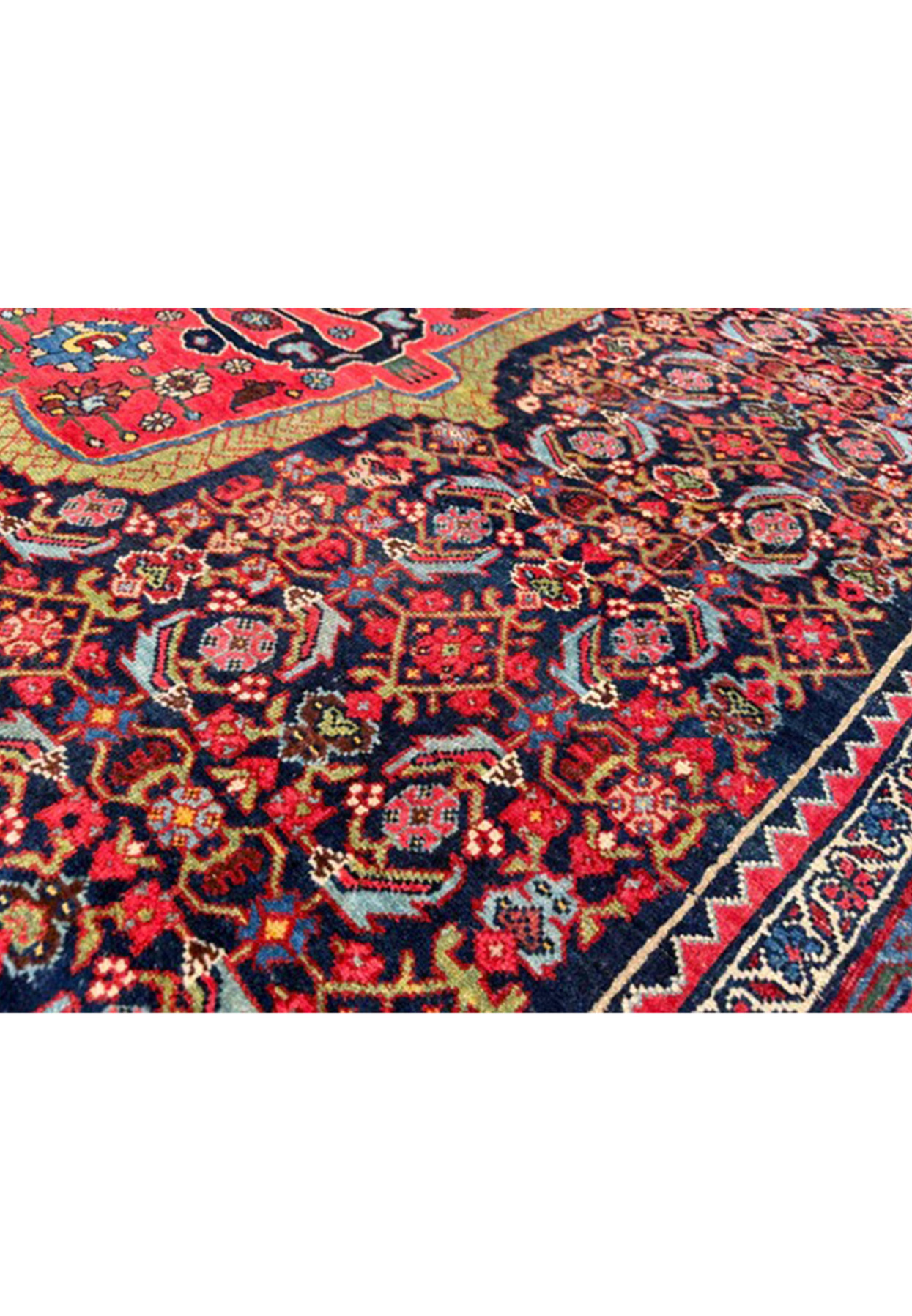 Navy ground covered in red and green Herati fish motifs with rosette diamonds