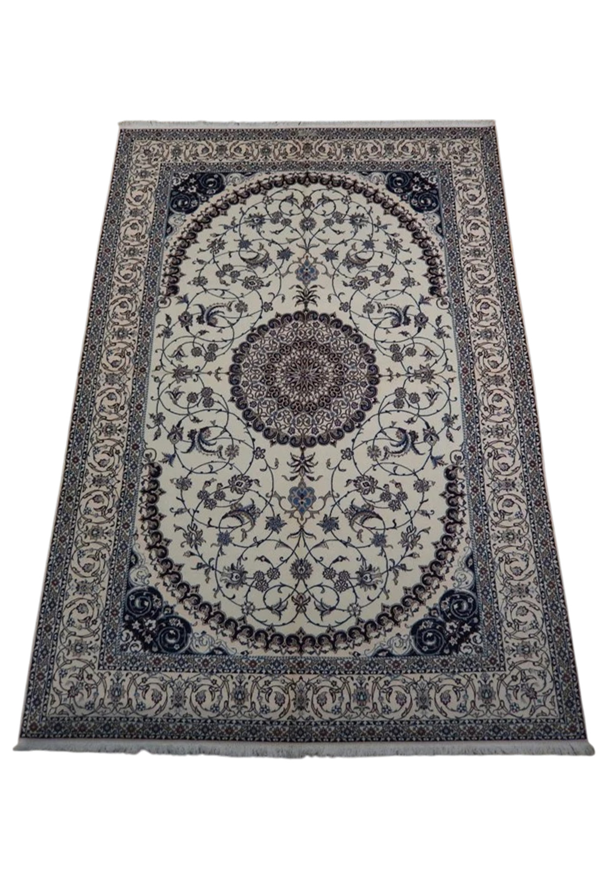 Ivory and navy signed Nain rug laid flat, elegant neutral palette for living or dining room