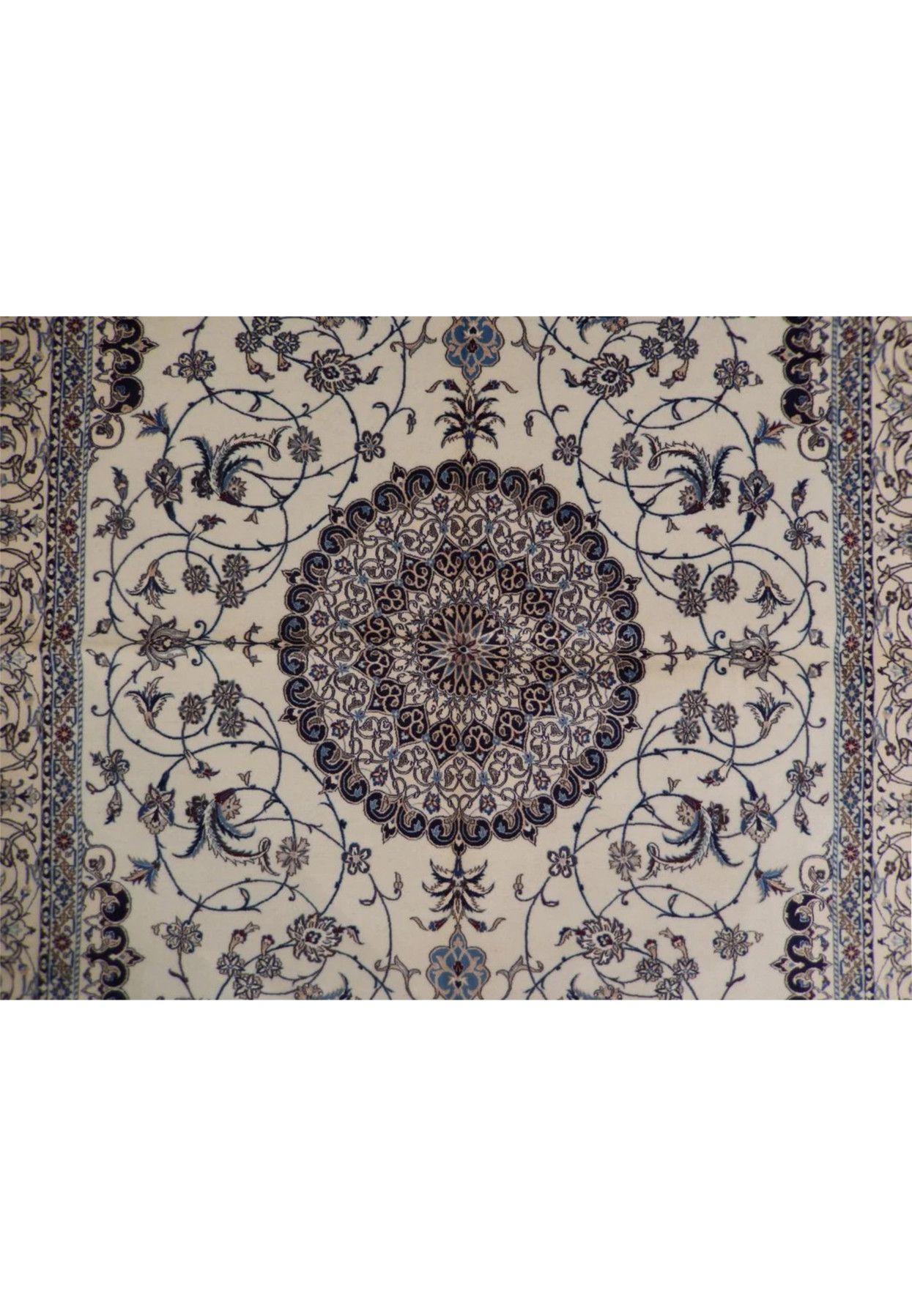 Intricate round medallion detail with arabesque rings and silk highlighted blossoms on ivory ground