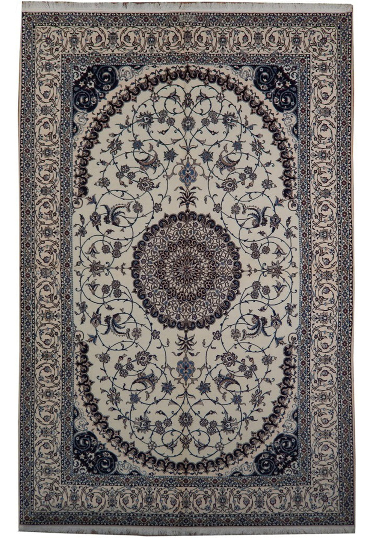 7x10 Persian Nain Habibian 6La rug with ivory field and round navy medallion, wool and silk