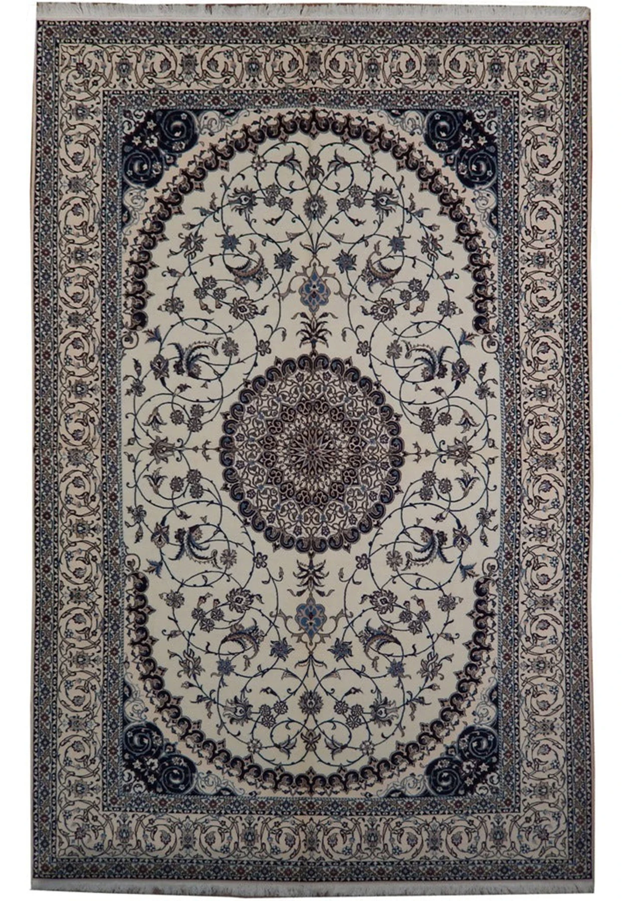 7x10 Persian Nain Habibian 6La rug with ivory field and round navy medallion, wool and silk