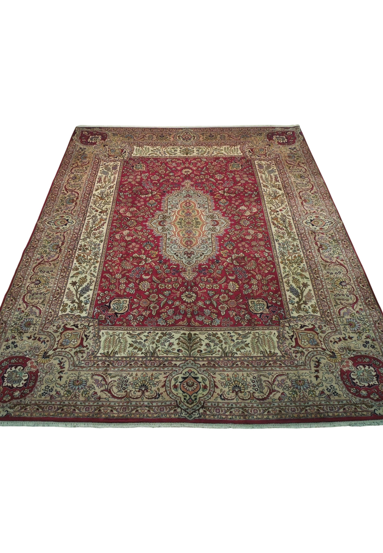 Rich red hand knotted Kerman rug laid flat, commanding size for large living or dining room