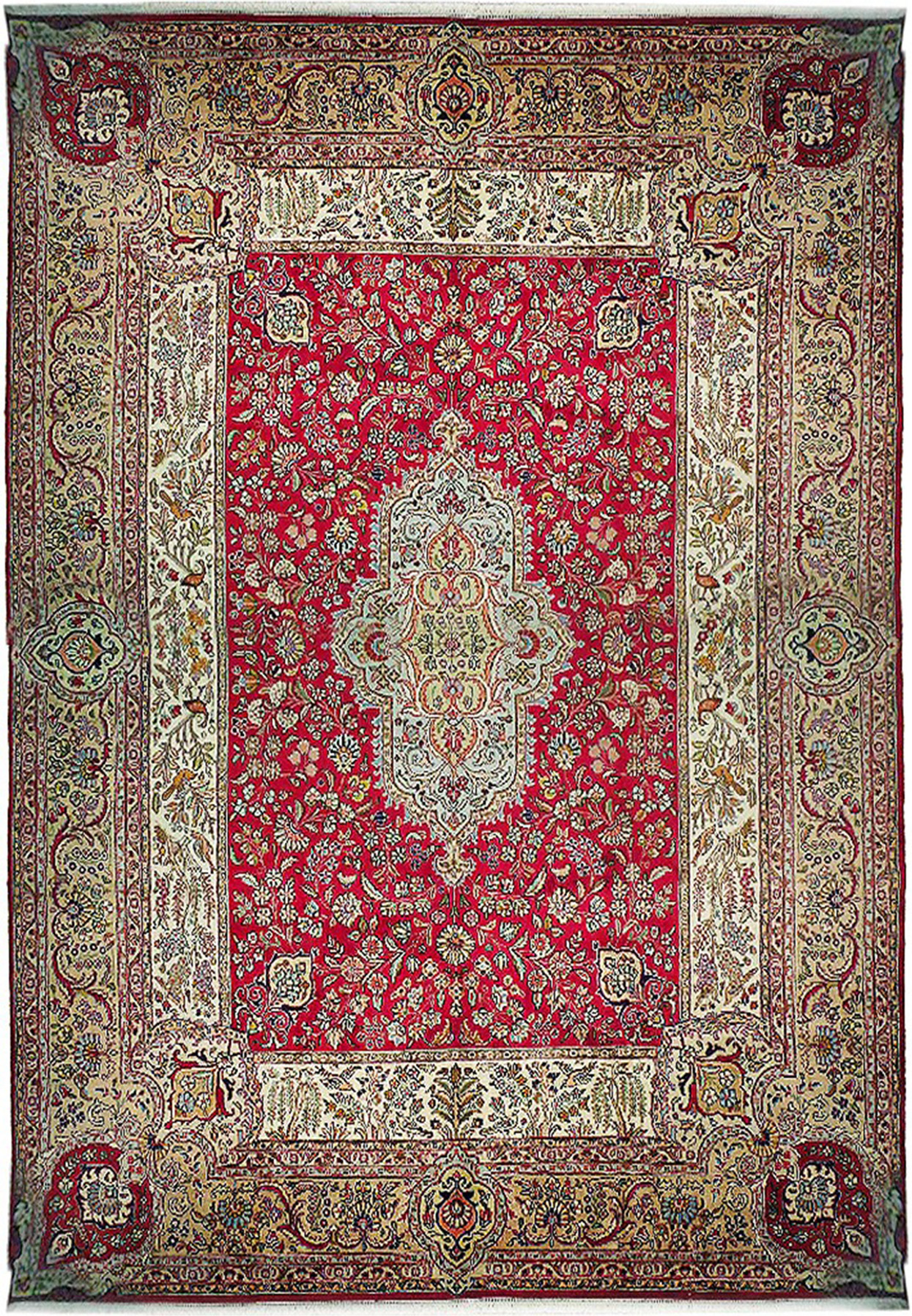 10x13 Persian Kerman rug with red Shah Abbas floral field and pictorial bird border