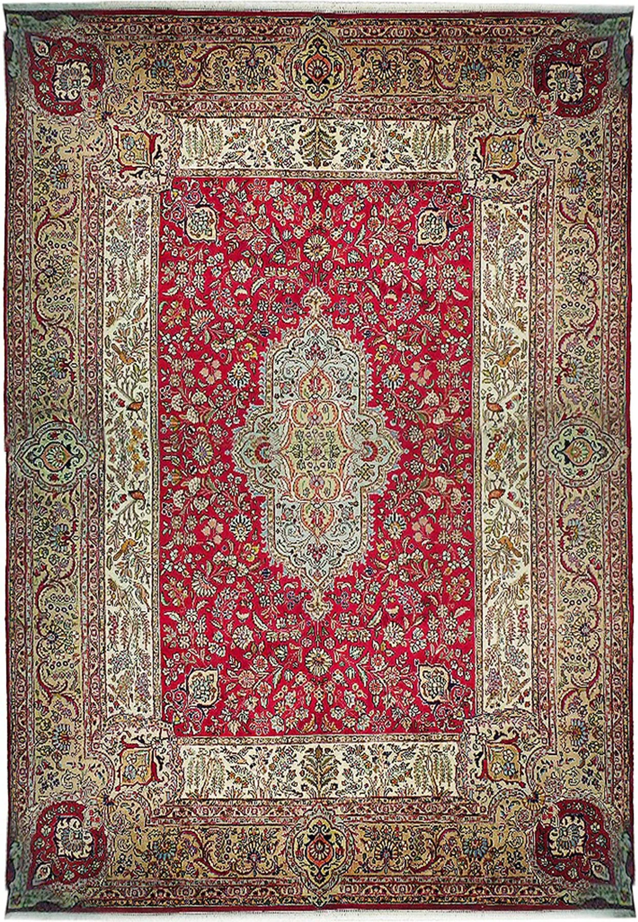 10x13 Persian Kerman rug with red Shah Abbas floral field and pictorial bird border