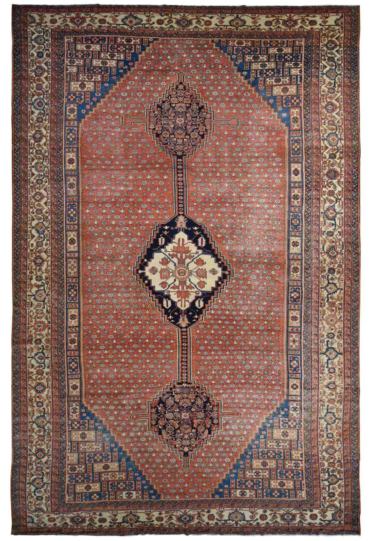 Palace size antique Persian Bakshaish rug circa 1900, with anchored medallion on dark coral field