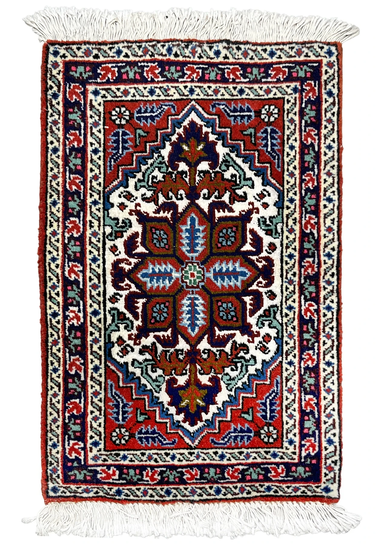 1x2 Persian Ardebil baby rug with stepped geometric medallion in red, ivory, and navy