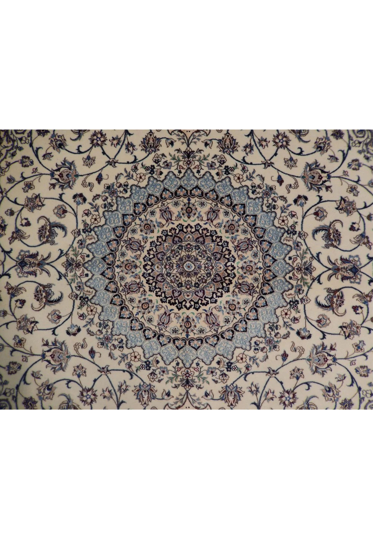 Powder blue scalloped medallion closeup with navy and taupe blossoms on cream ground