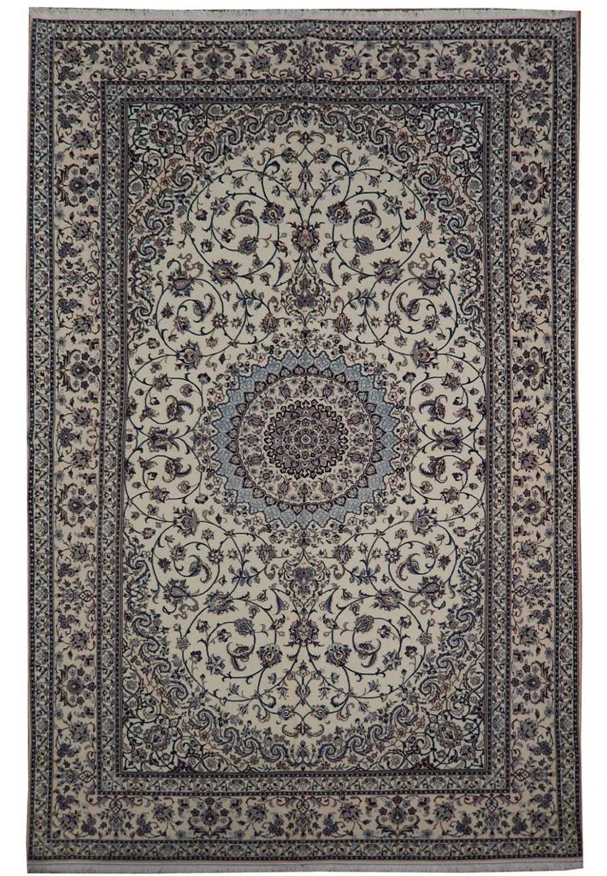 Signed Habibian Nain 6La rug in soft cream with powder blue scalloped medallion, 7x10