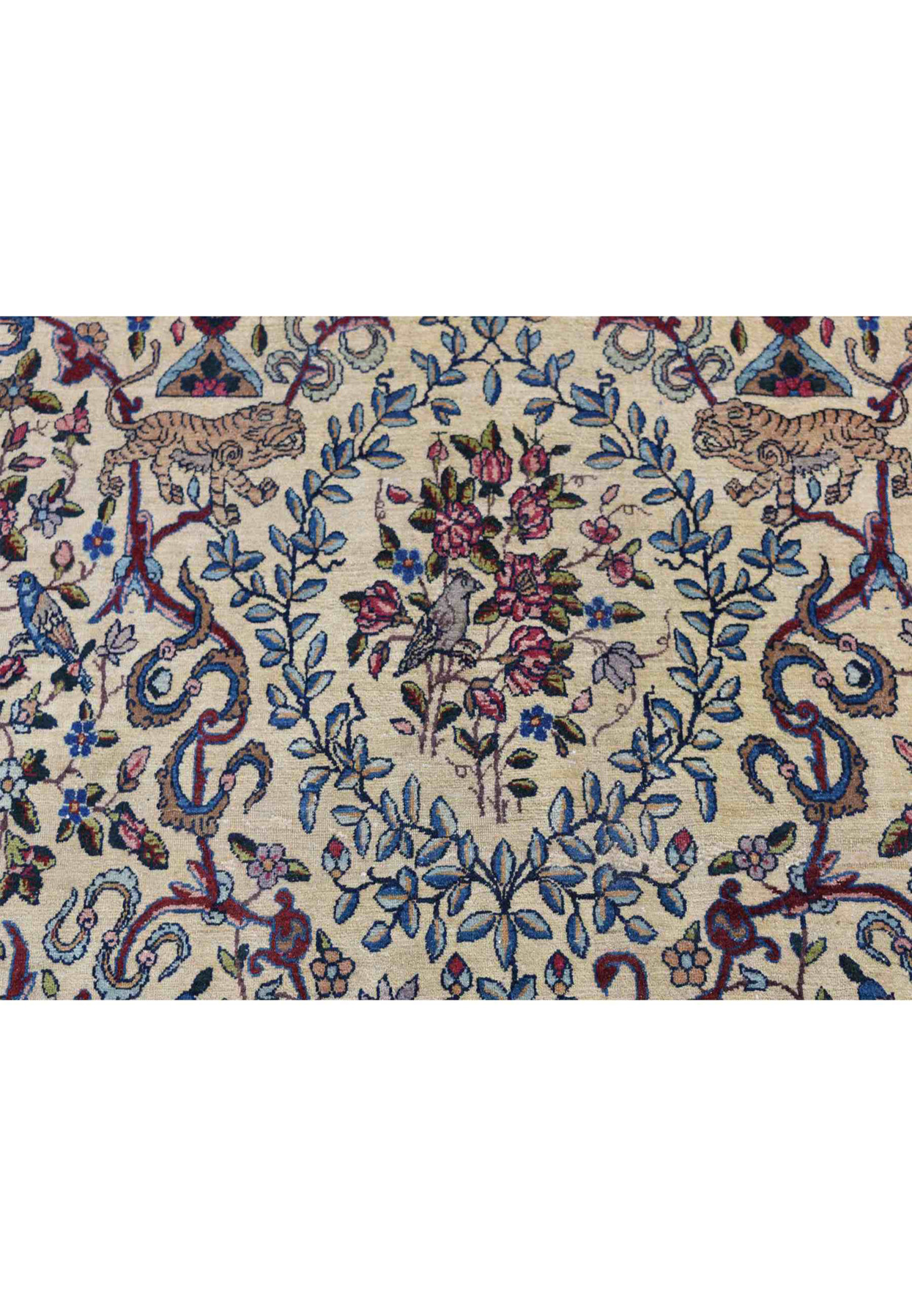 Field detail with woven tigers, songbirds, and rose bouquets on alabaster white ground