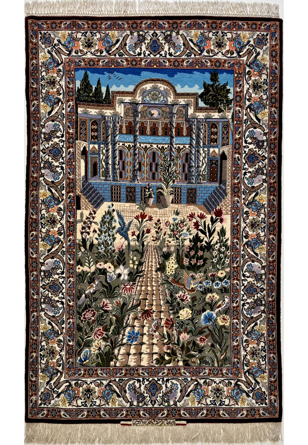 3'6 x 5'6 Persian Isfahan pictorial rug by Javad Eslimi with garden path and tiled palace facade
