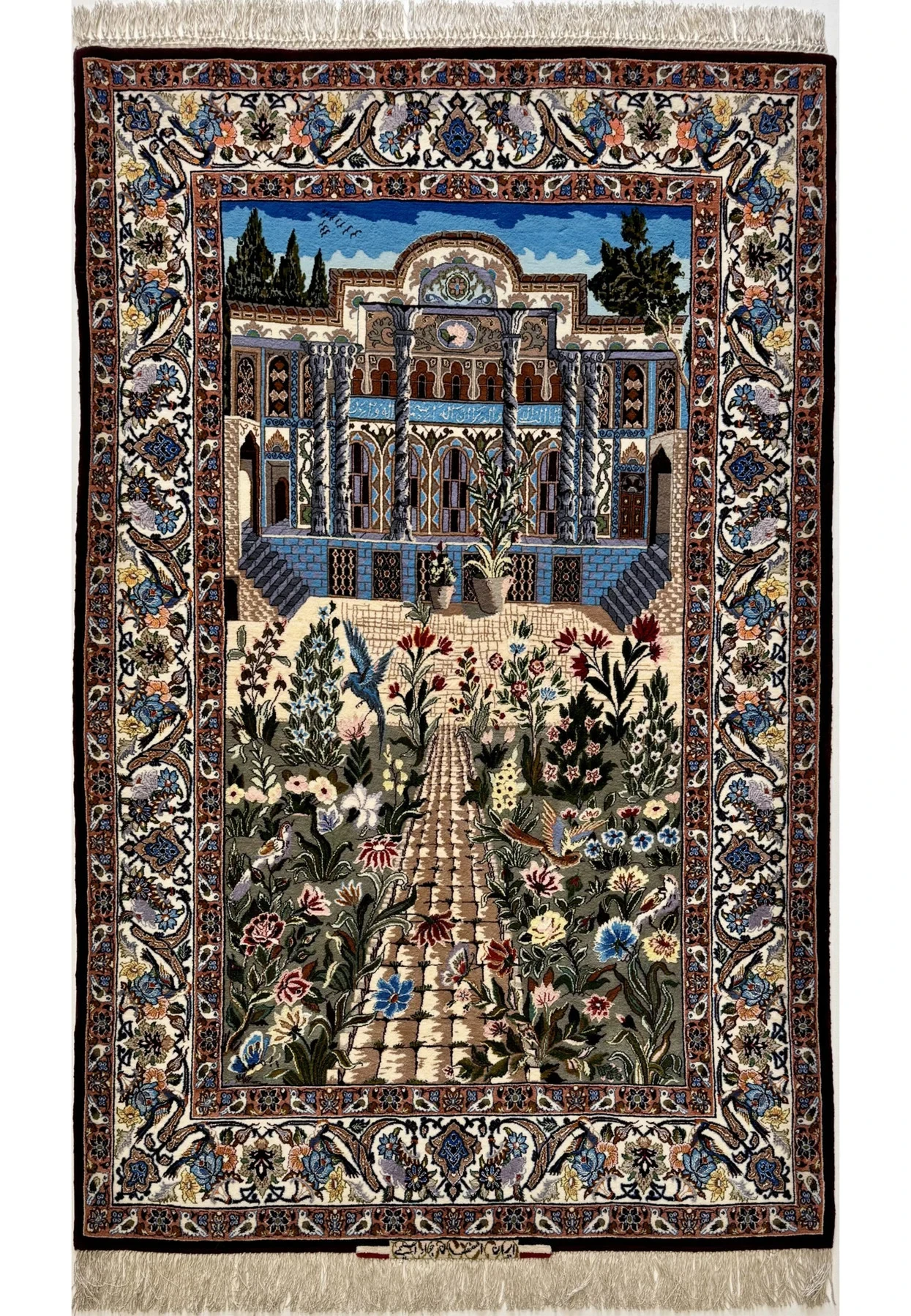 3'6 x 5'6 Persian Isfahan pictorial rug by Javad Eslimi with garden path and tiled palace facade.