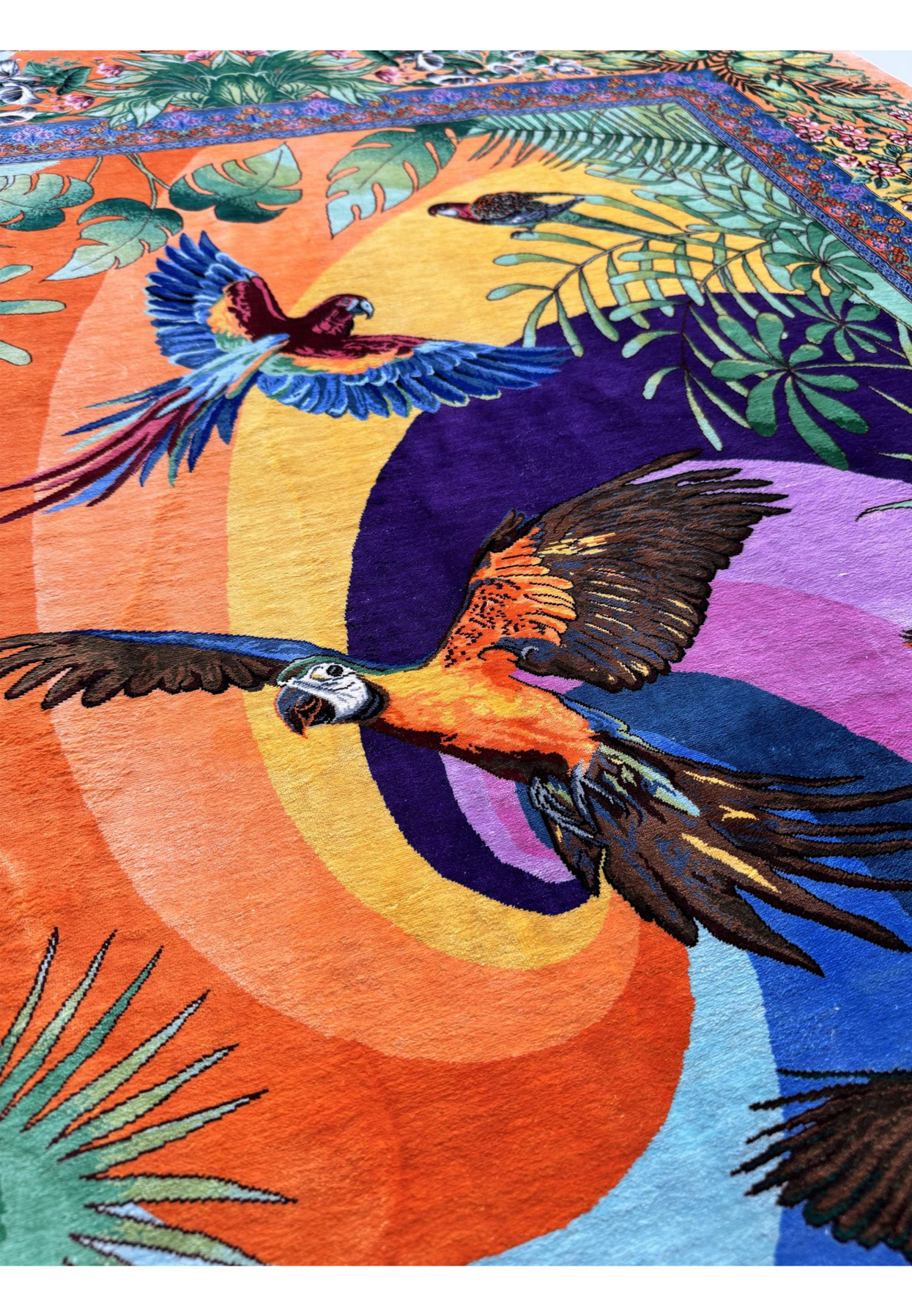 Scarlet macaw with sapphire wings knotted in fine silk beside a perched rosella