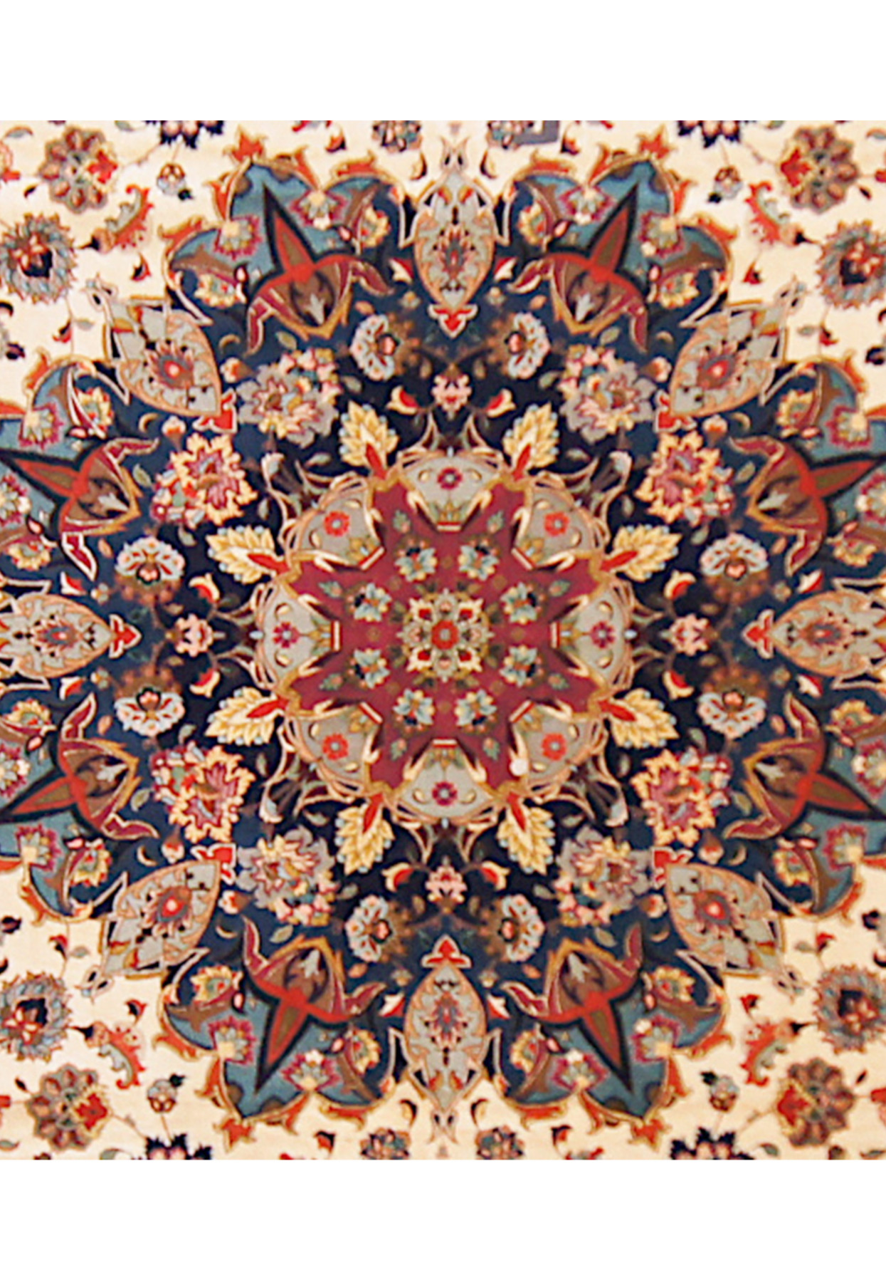 Kaleidoscopic navy and gold star medallion with rose center knotted in wool and silk