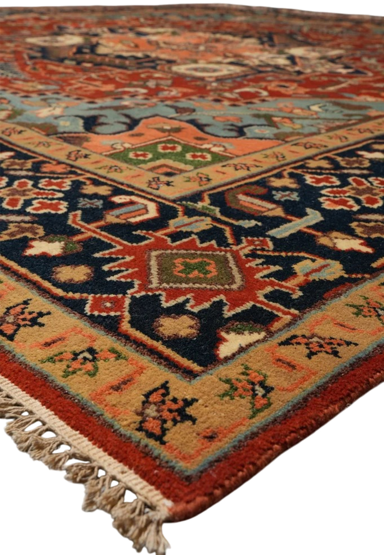Corner detail of square rug showing border resolution, red selvage and beige fringe