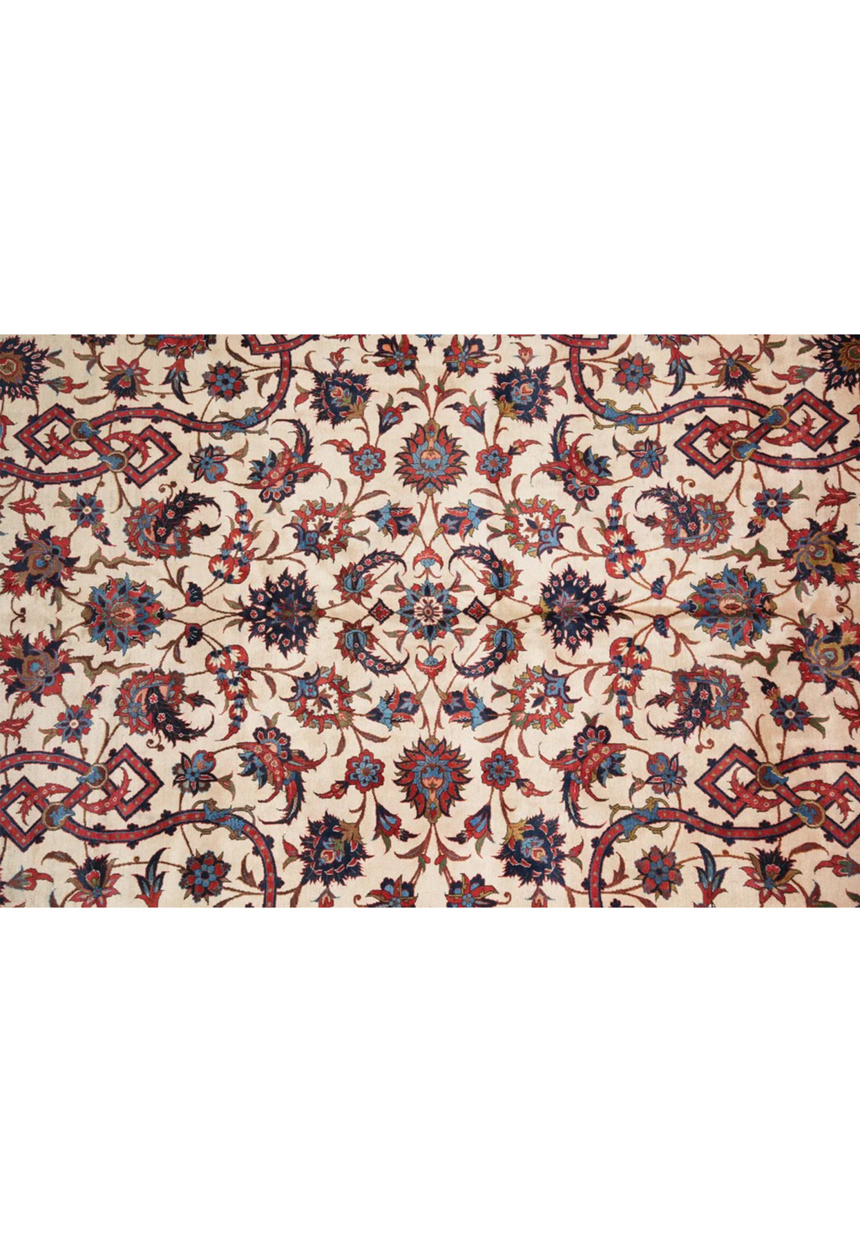 All-over field pattern of interlocking vines, lotus blossoms and diamond knot cartouches