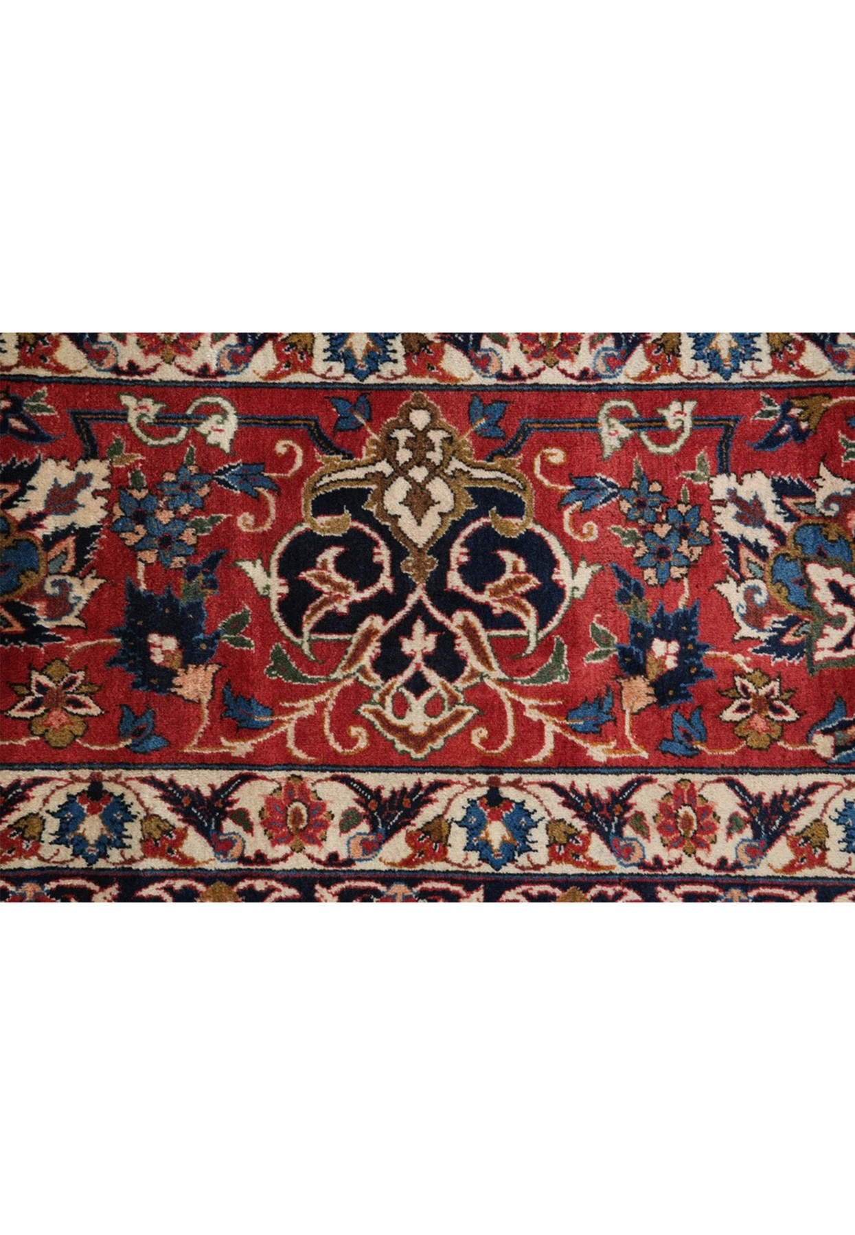 Deep red main border with navy palmette cartouches and cream floral sprays