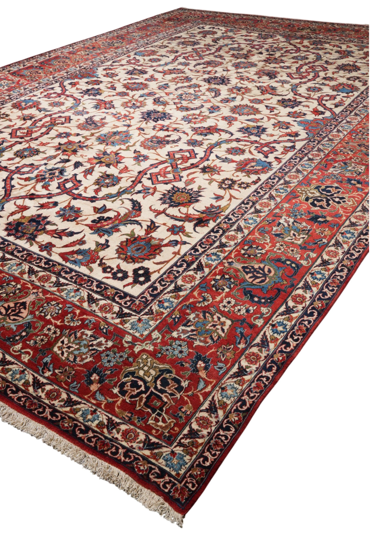 Angled view showing the scale of this oversize Isfahan, hand knotted wool on cotton