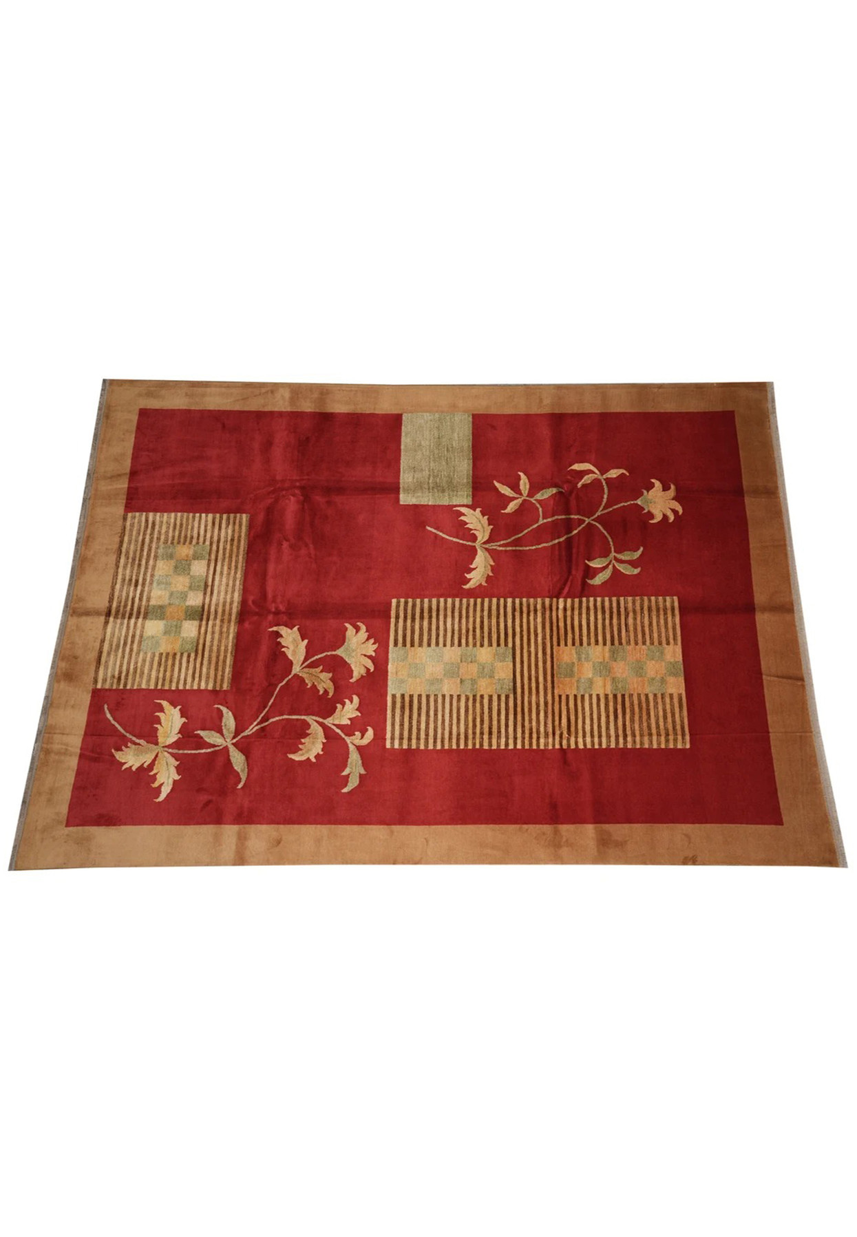Overhead view of this 9x12 modern area rug, open red ground with neutral panels