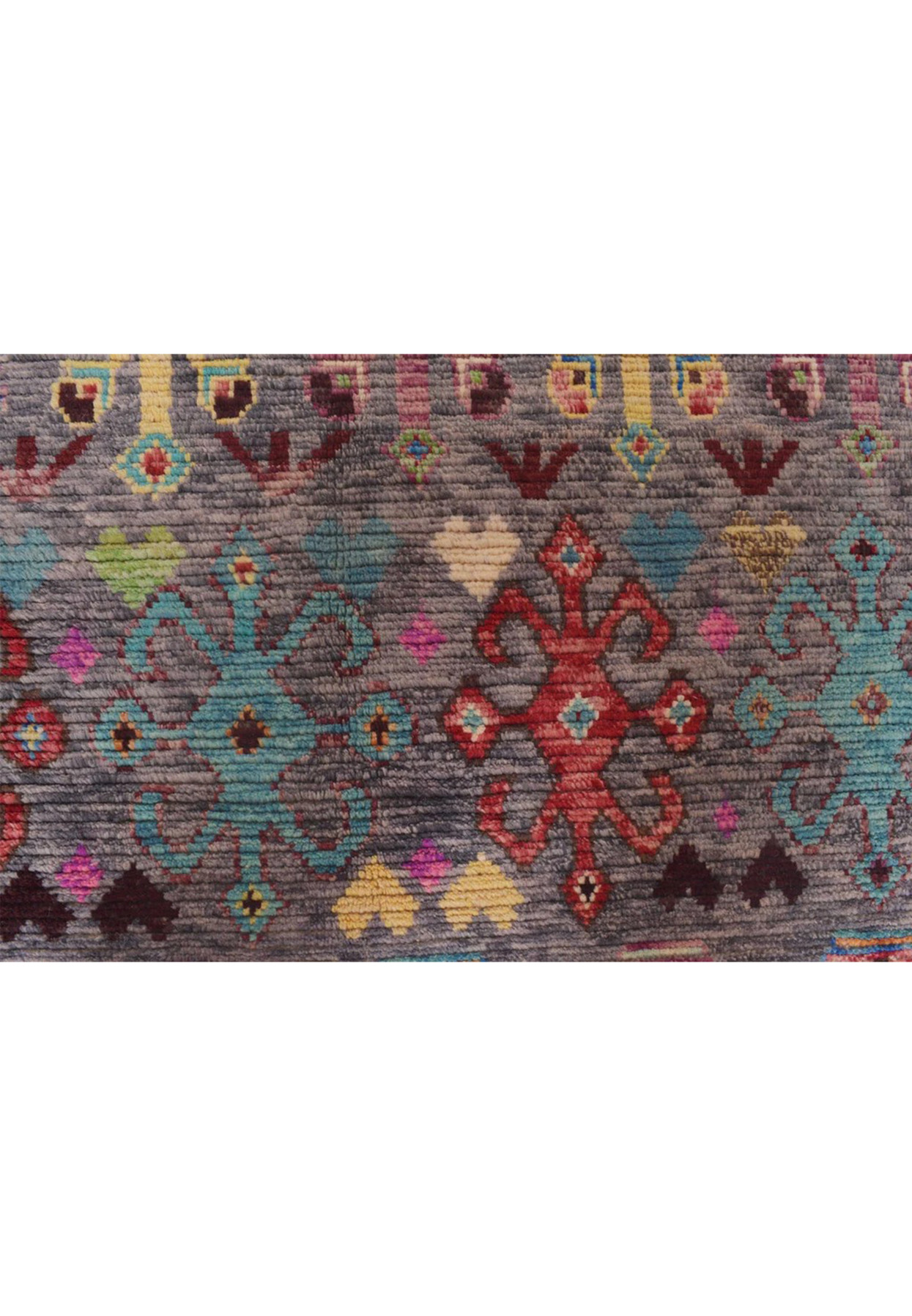 Detailed grey field with turquoise and red tribal blossoms, colorful diamonds and folk heart motifs in soft wool