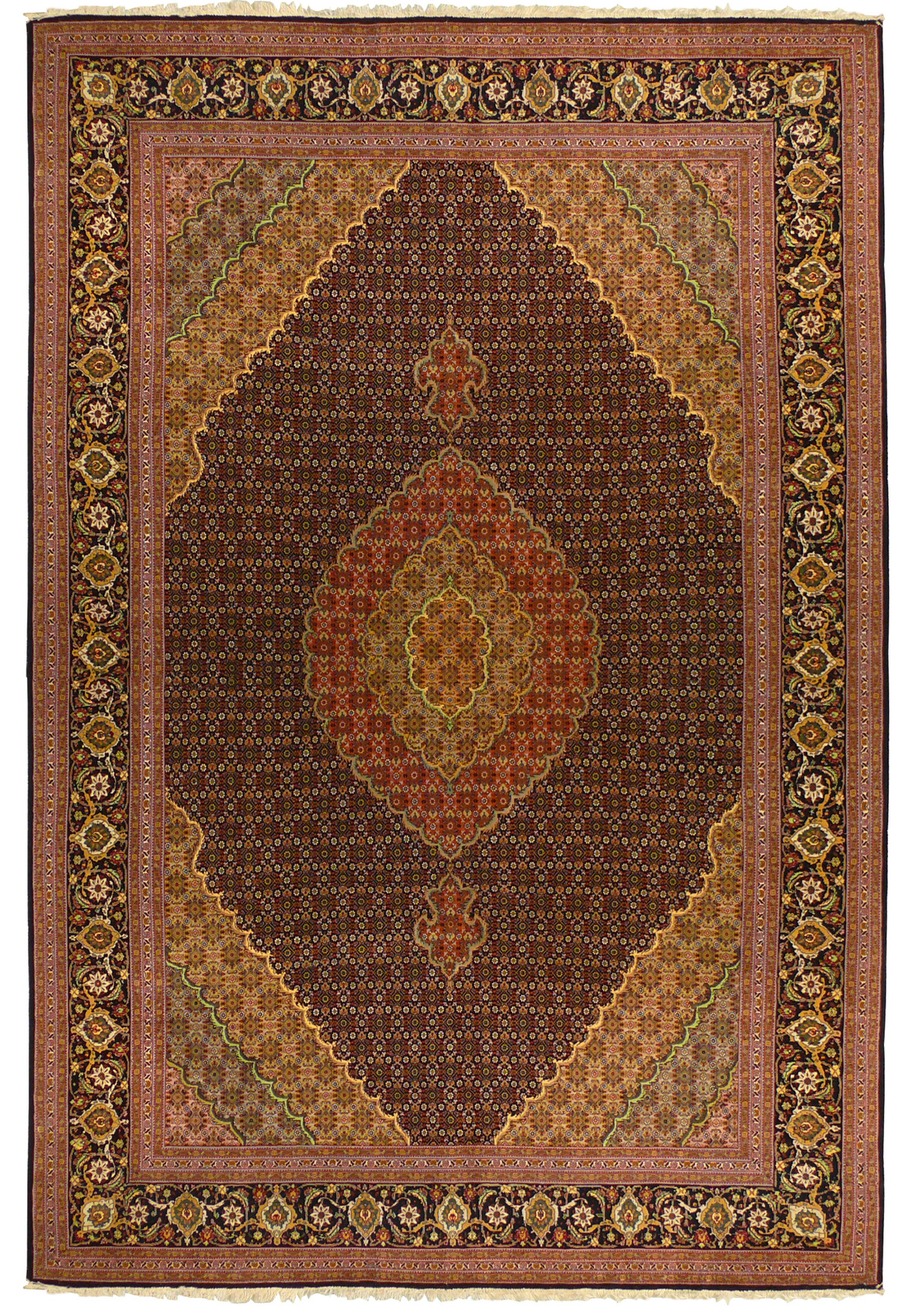7x10 Persian Tabriz Mahi rug, navy fish design field with rust central medallion and floral border