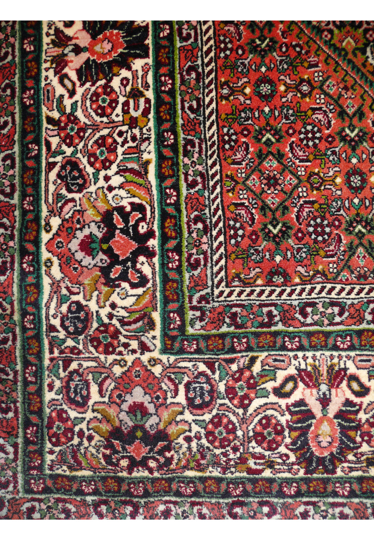 Corner detail of the ivory main border with red and green florals and barber-pole guard stripes