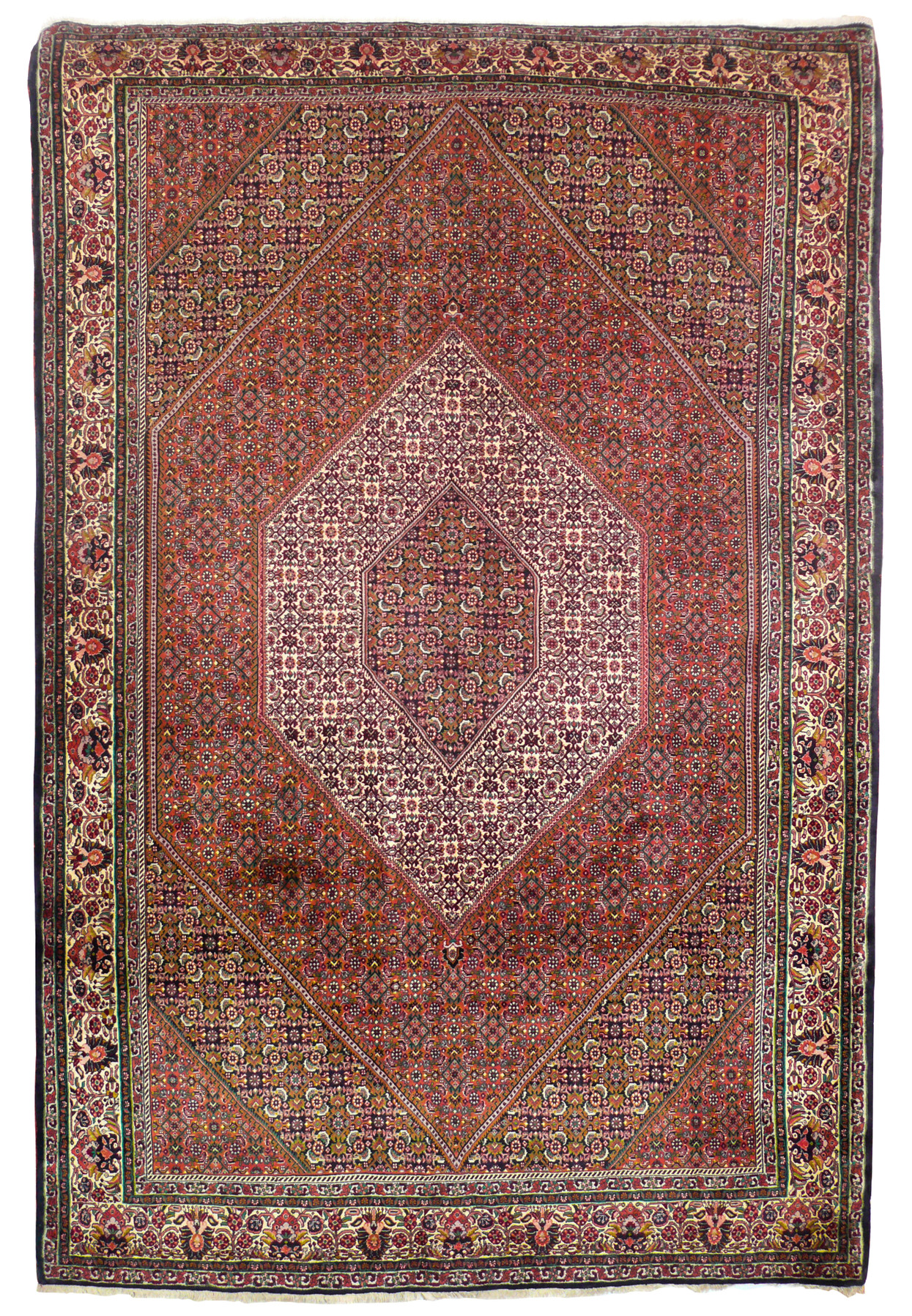 6'7 x 10'2 Persian Bijar iron rug, brick red herati field with ivory diamond medallion and floral border