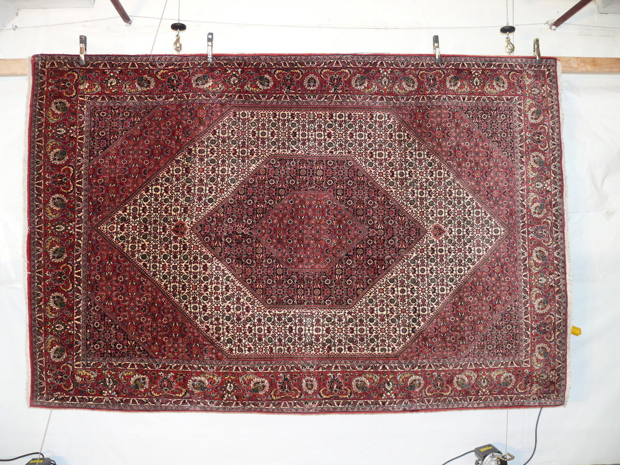 Red and cream Bijar rug hanging on display, ivory diamond medallion over a dense herati fish field