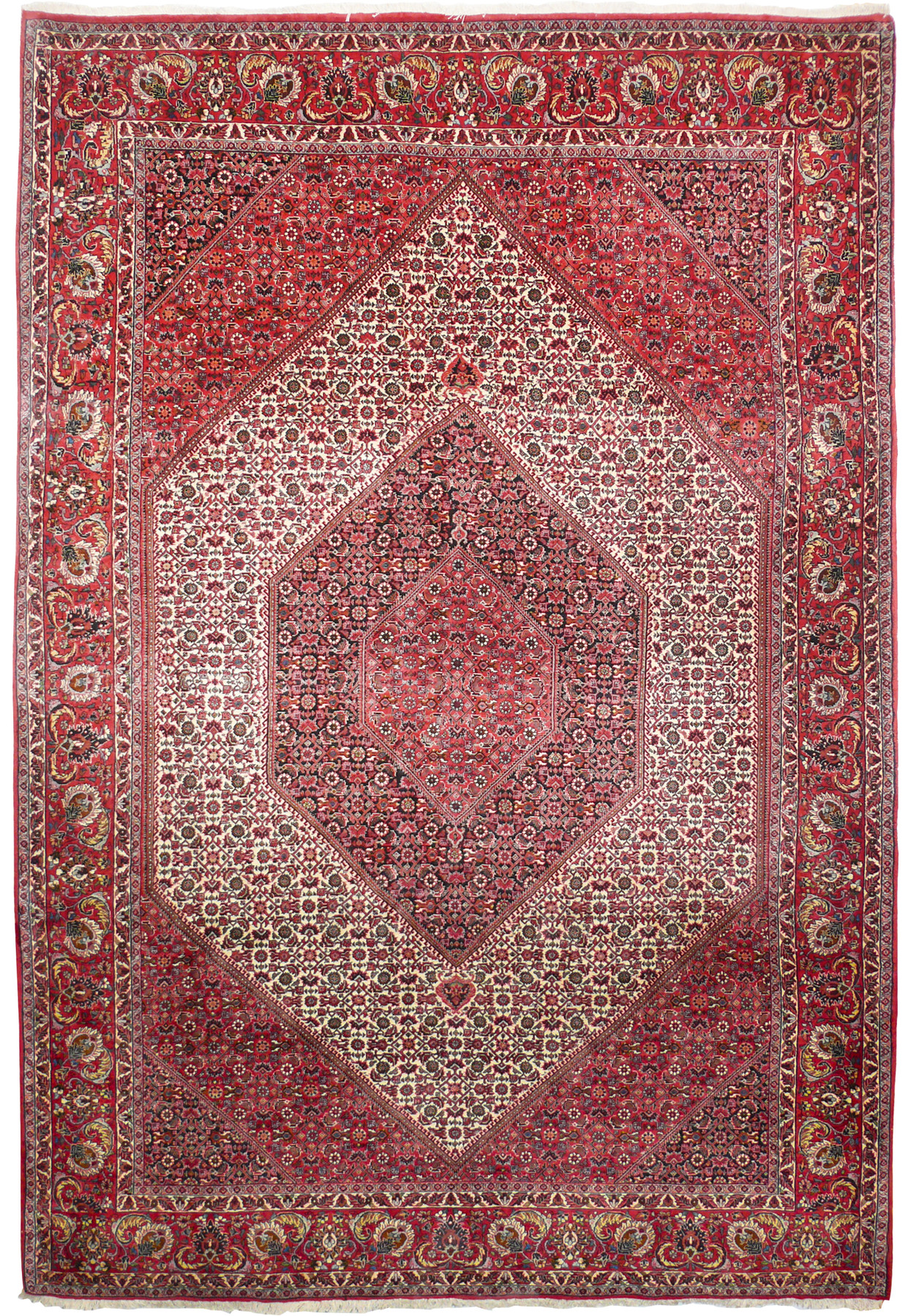 6'4 x 10'5 Persian Bijar iron rug, red herati field with a large ivory diamond medallion and floral border