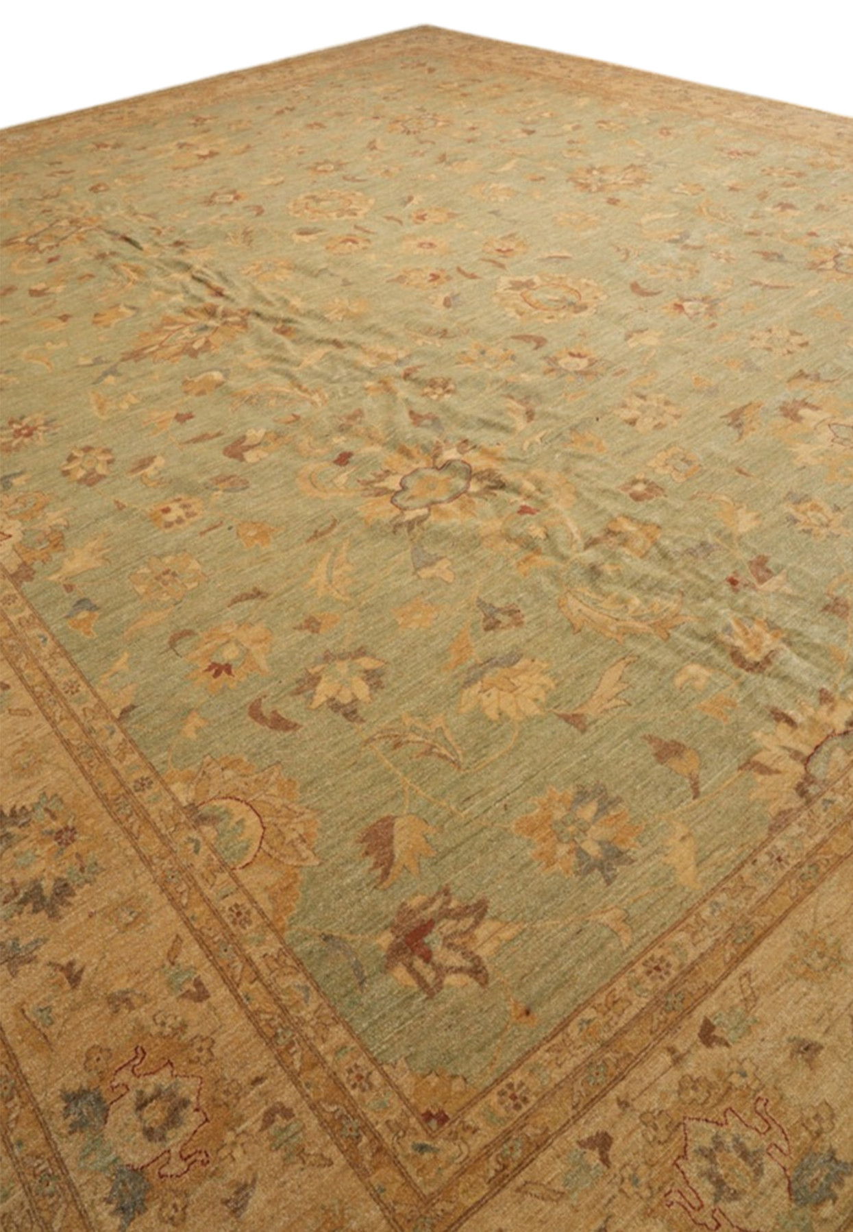 17x20 squarish Ziegler oversize rug at an angle, celadon field with flowing tan floral vinework