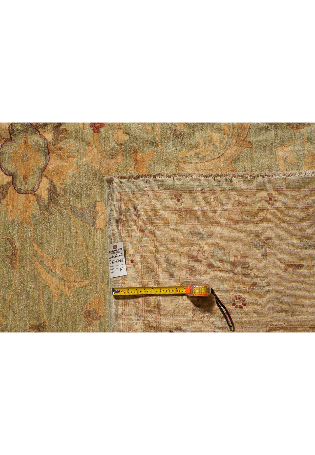 17x20 Chobi Ziegler rug reverse with tape measure and tag confirming the oversize dimensions