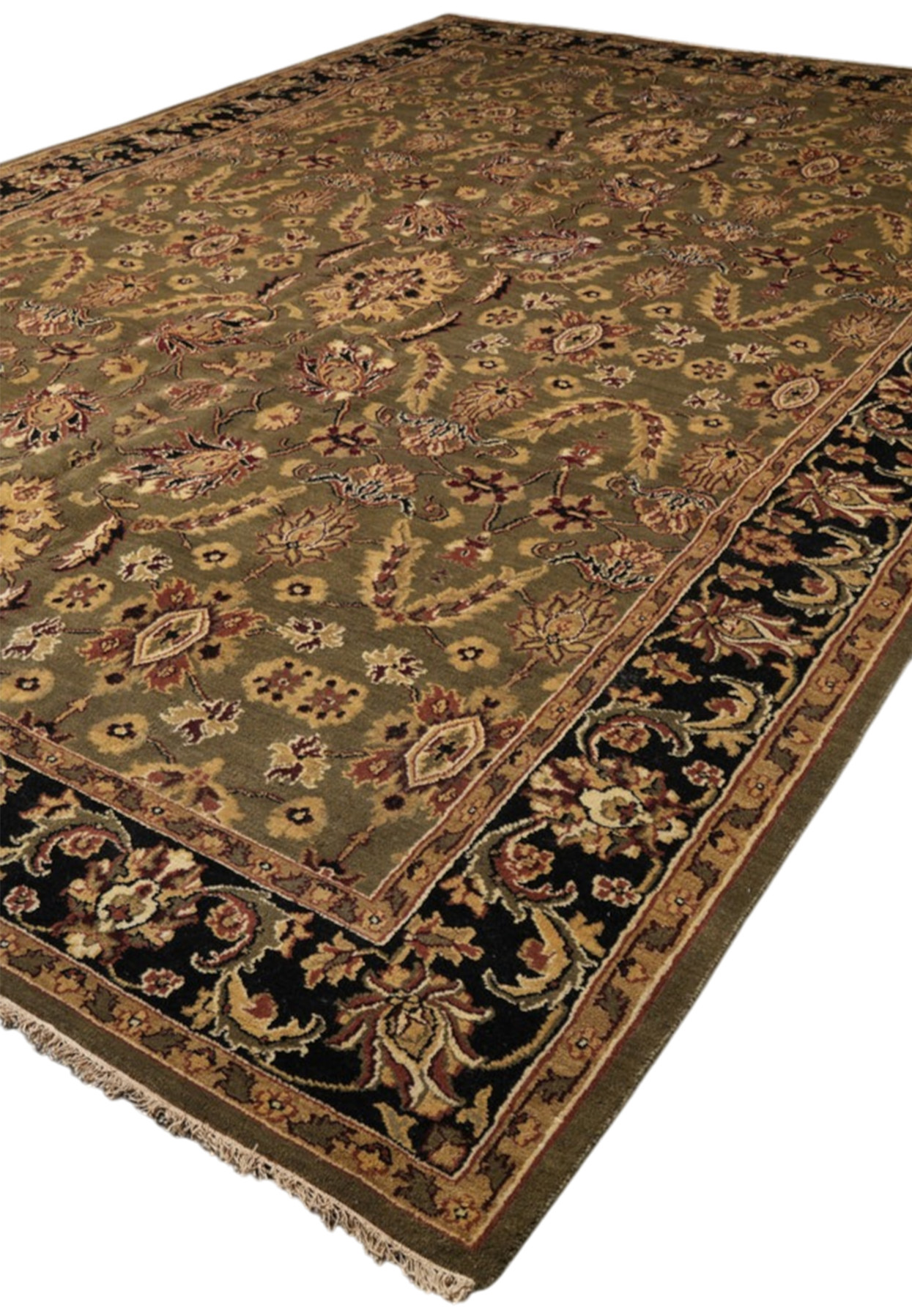 12x18 green Oushak oversize rug at an angle, all-over floral field with a bold black border