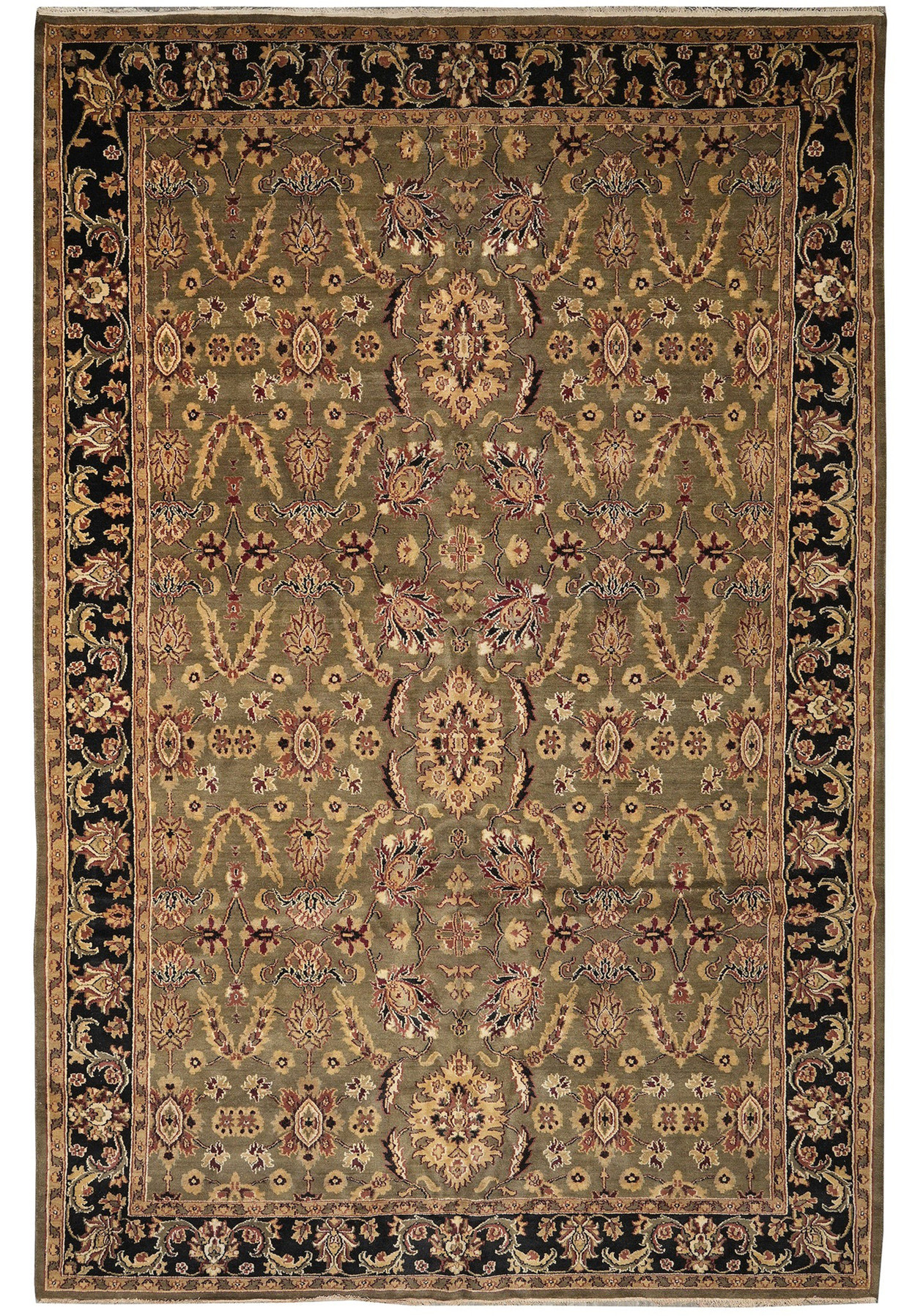 12x18 Oriental Oushak palace rug, sage green field with all-over floral design and a black border